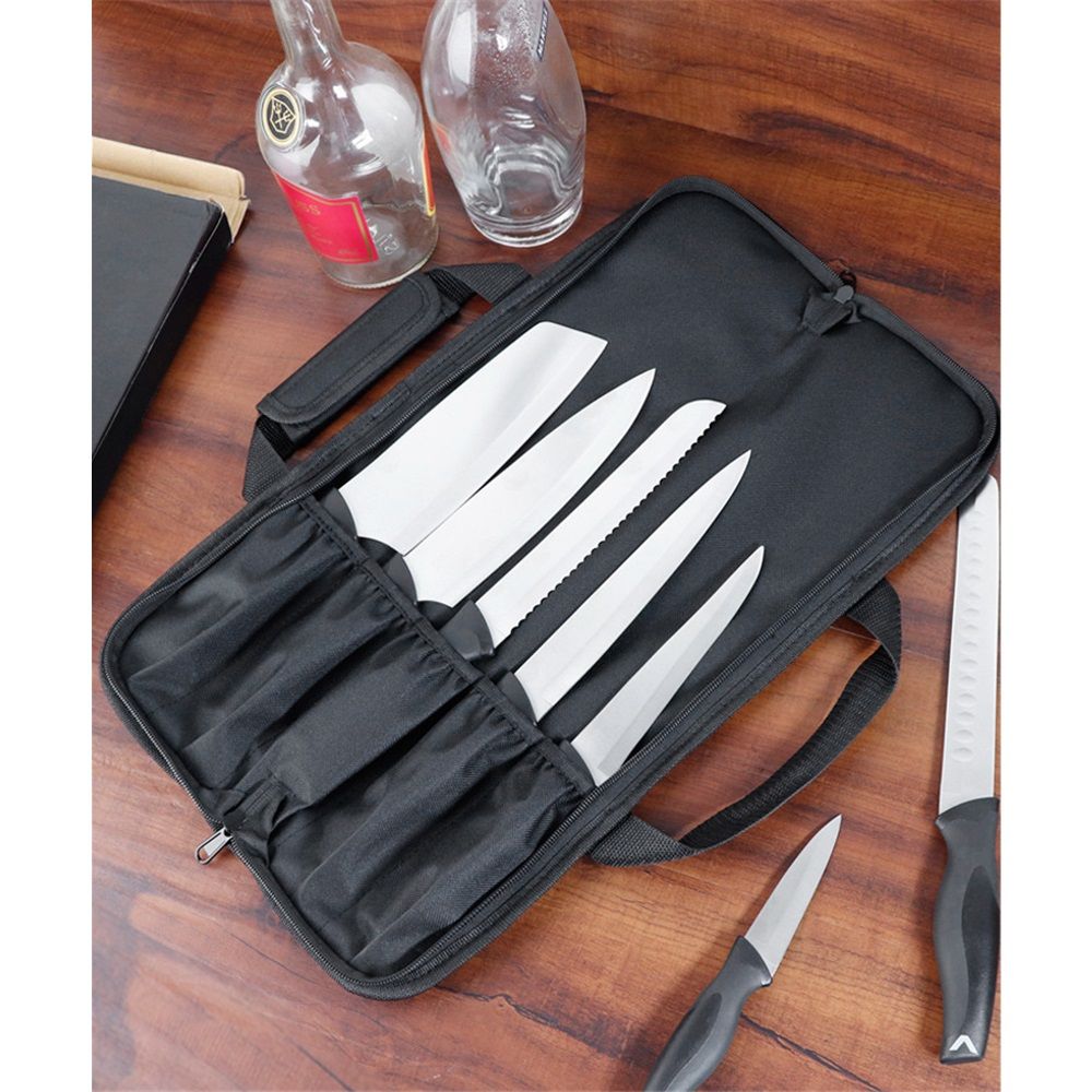 5 Pocket Chef Knife Case Roll Bag Bi-Fold (Black) Lightweight - Durable double-layer Oxford fabric – Perfect for the Busy Traveling Chef - Image 4