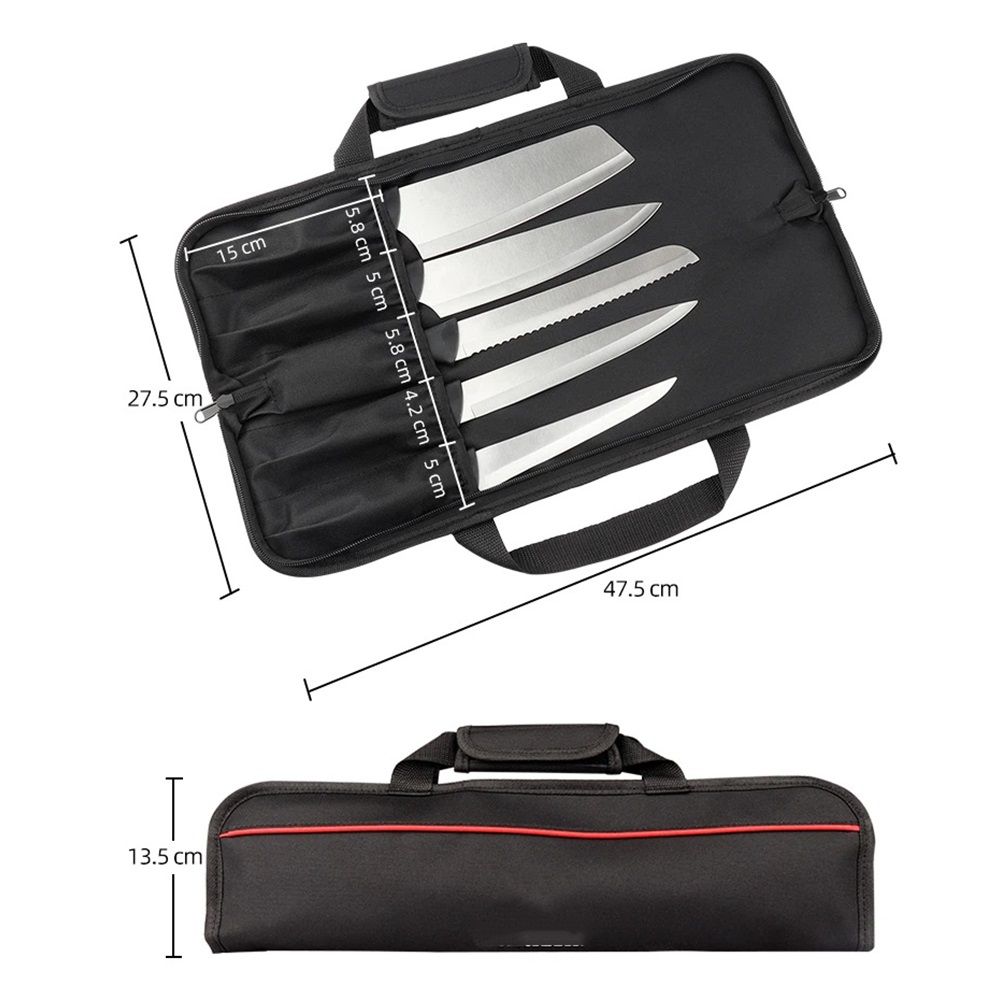 5 Pocket Chef Knife Case Roll Bag Bi-Fold (Black) Lightweight - Durable double-layer Oxford fabric – Perfect for the Busy Traveling Chef - Image 5