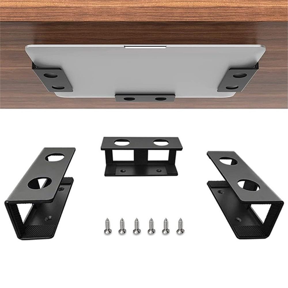 Under Desk Laptop Mount, Metal Under Desk Shelf Holder for Laptop, Mac mini, MacBook, Keyboard with Anti-Scratch Silicone (Black) - Image 2