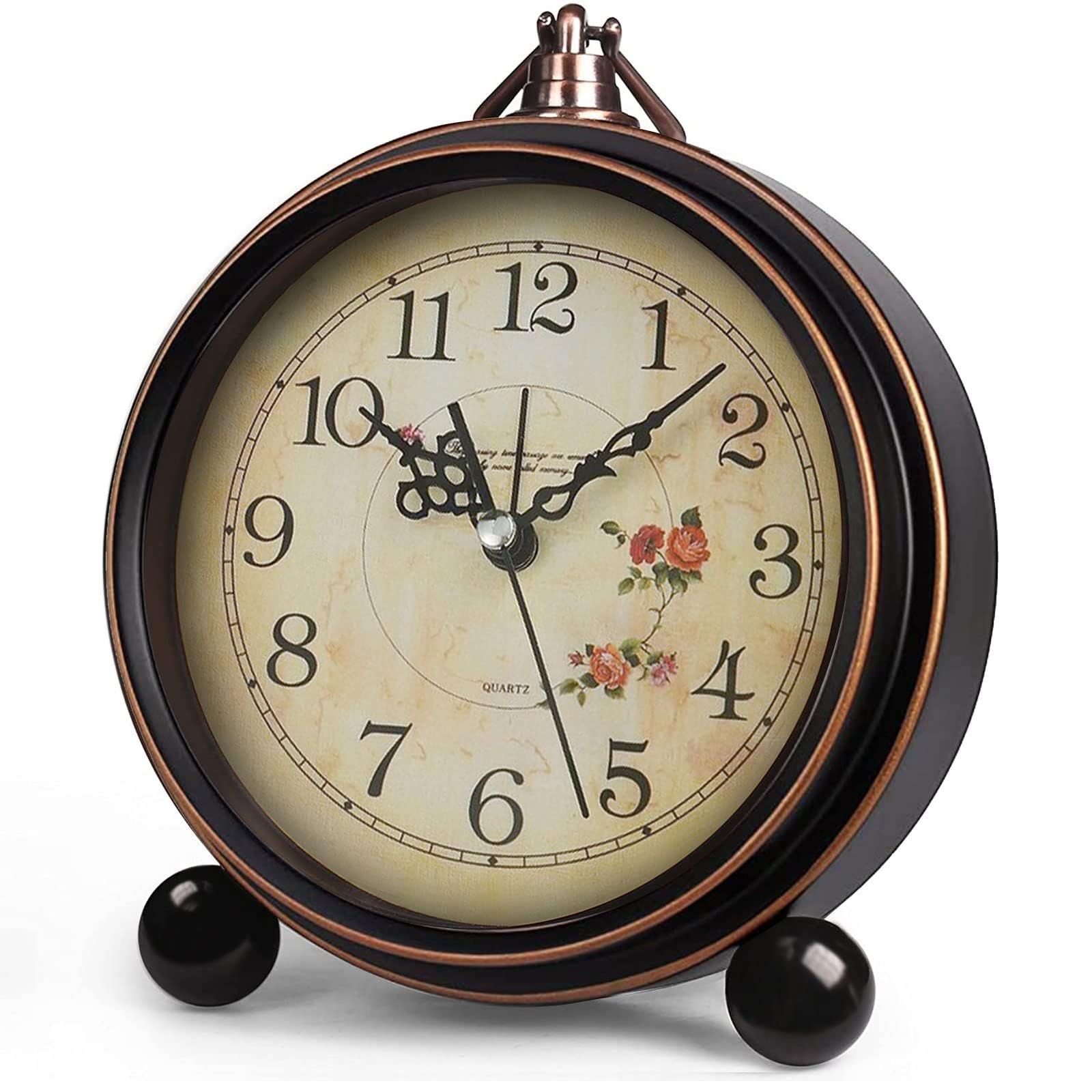 Vintage Analog Alarm Clock, 5 inch Small Silent Desk Clock with Night Light, Battery Operated for Table, Bedroom, Bedside, Living Room, Gift Clock (Flower) - Image 1