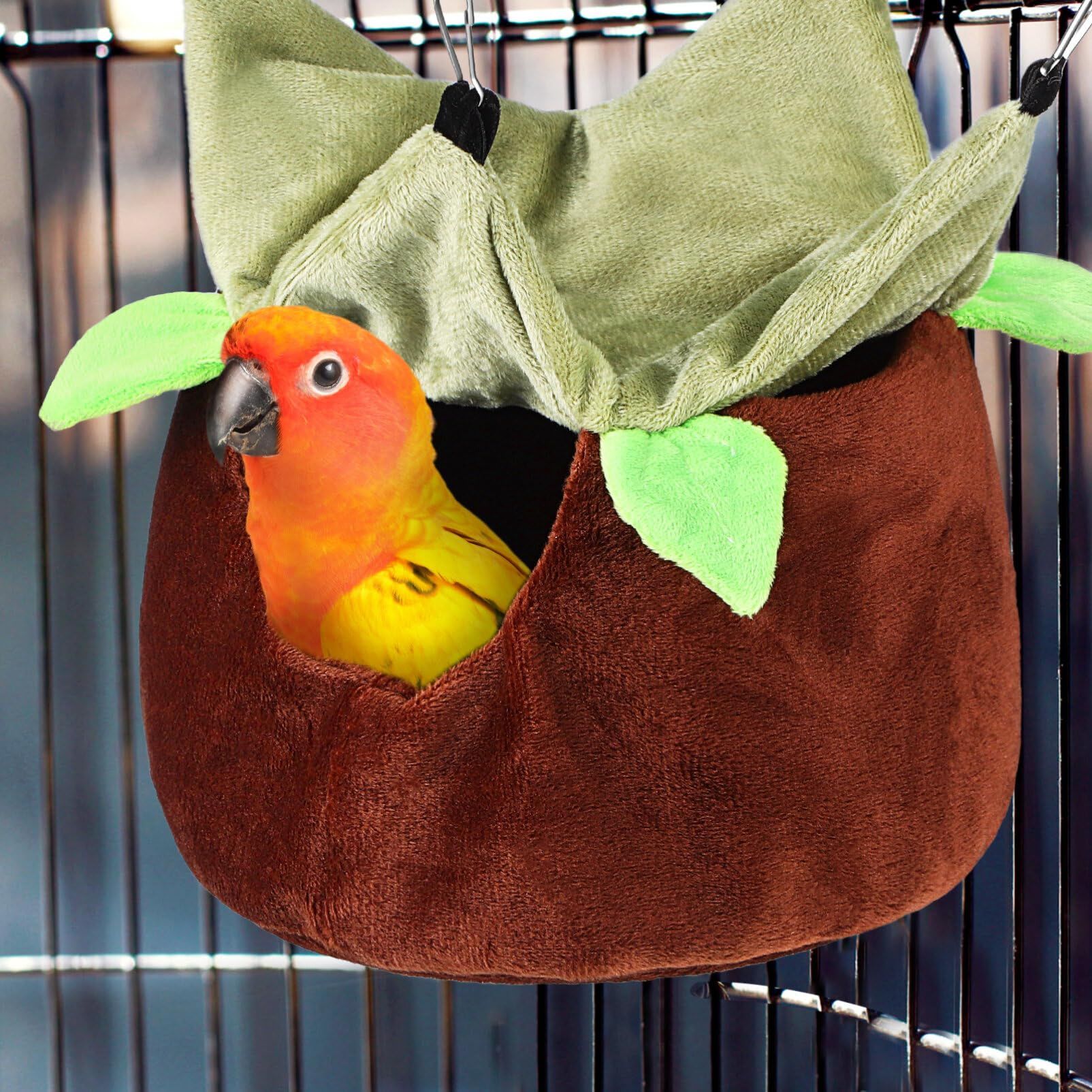 Two Layers Bird Parrot Bed Nest Snuggle Hammock for Parakeet Lovebird Cockatoos,Warm Sugar Glider Ferret Bed Plush Hideout House for Guinea Pig Hamster (Brown M) - Image 2