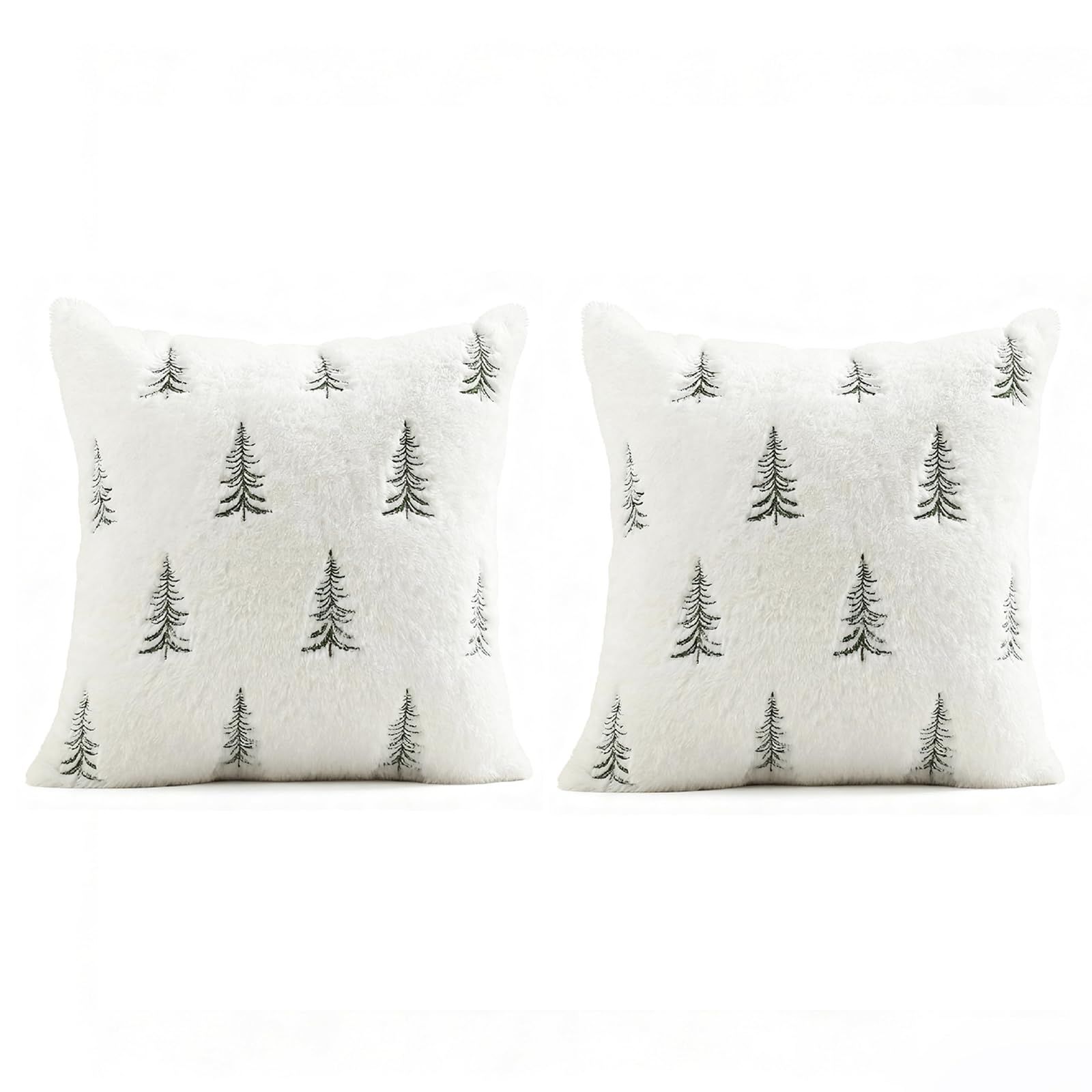 Christmas Pillow Covers 18x18 inch Set of 2 Green Embroidered Christmas Tree Decoration Beige Soft Plush Faux Fur Jacquard Throw Pillows for Bedroom Sofa Holiday Winter Home Decor - Image 1
