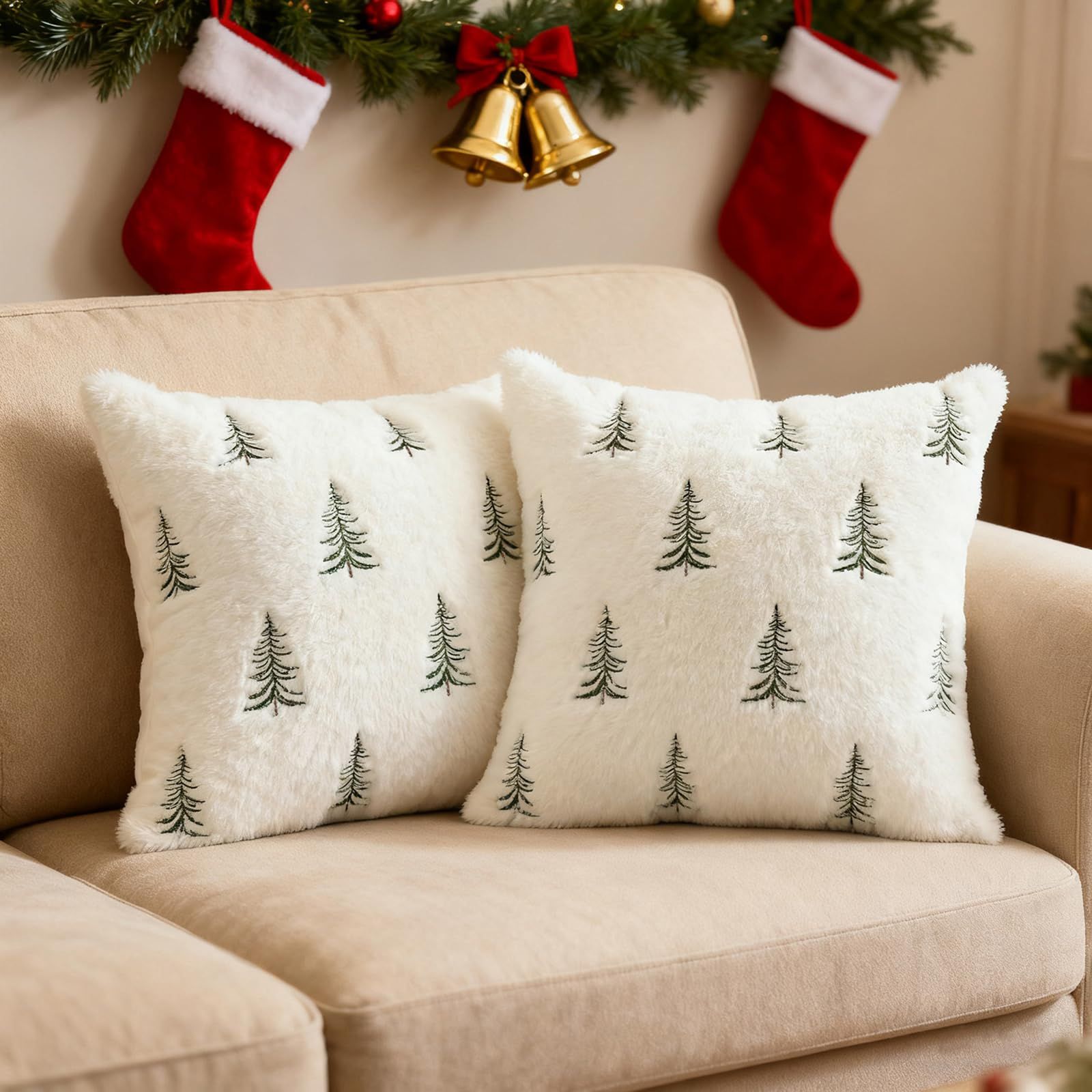 Christmas Pillow Covers 18x18 inch Set of 2 Green Embroidered Christmas Tree Decoration Beige Soft Plush Faux Fur Jacquard Throw Pillows for Bedroom Sofa Holiday Winter Home Decor - Image 2