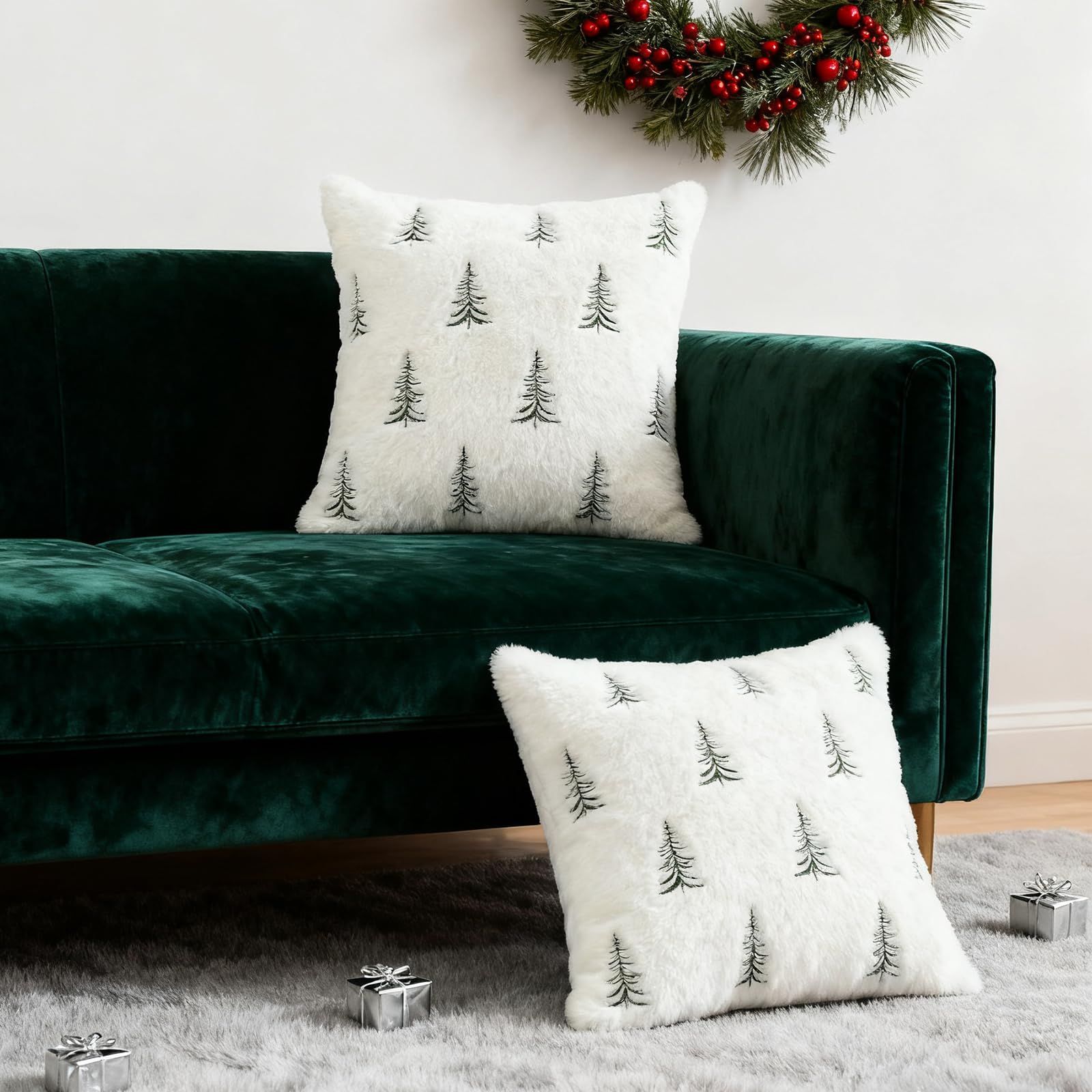Christmas Pillow Covers 18x18 inch Set of 2 Green Embroidered Christmas Tree Decoration Beige Soft Plush Faux Fur Jacquard Throw Pillows for Bedroom Sofa Holiday Winter Home Decor - Image 3