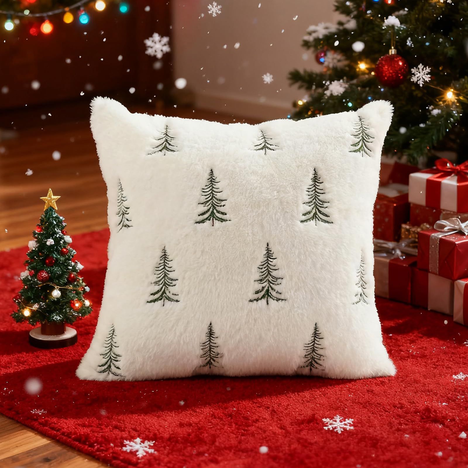 Christmas Pillow Covers 18x18 inch Set of 2 Green Embroidered Christmas Tree Decoration Beige Soft Plush Faux Fur Jacquard Throw Pillows for Bedroom Sofa Holiday Winter Home Decor - Image 4