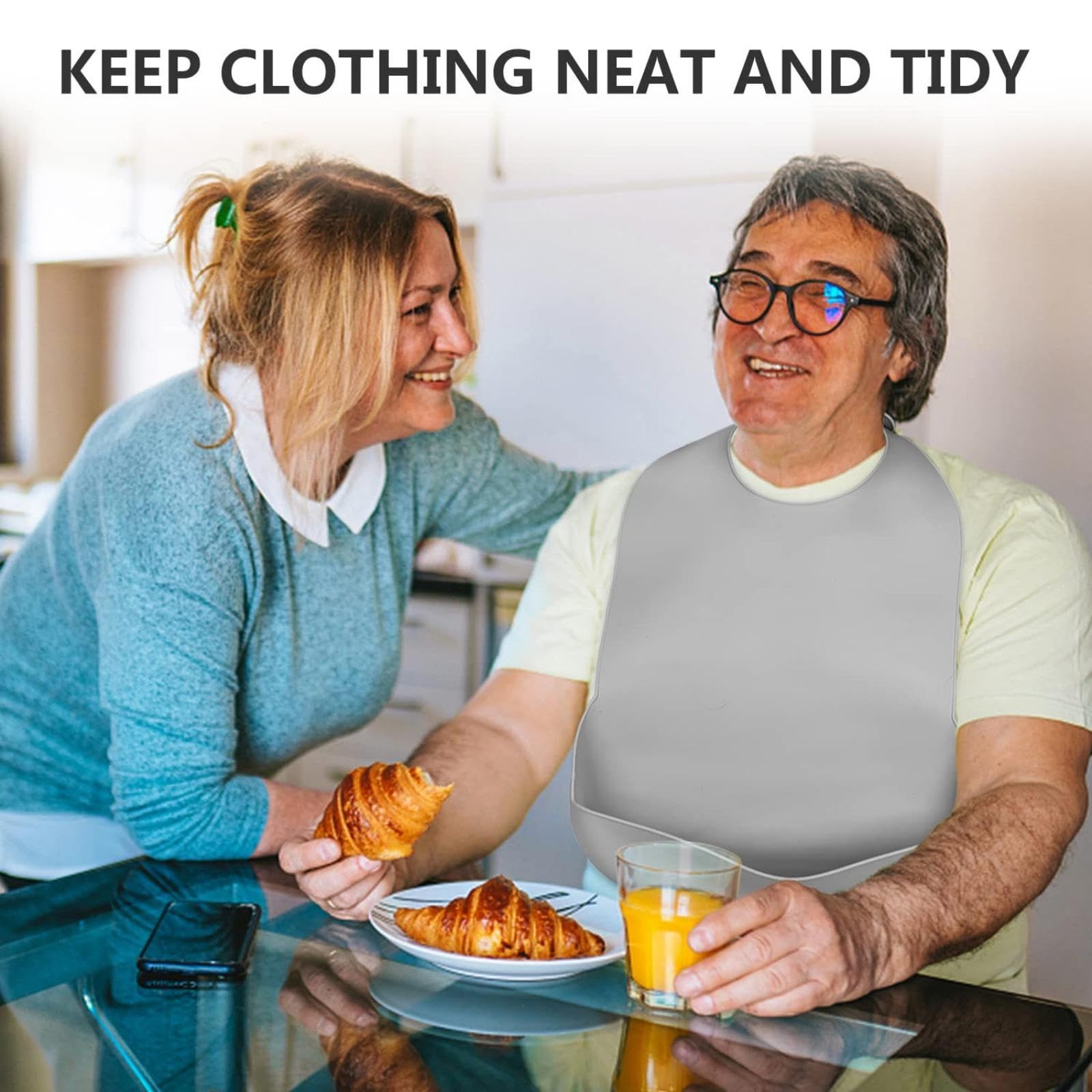 Adjustable Silicone Adult Bib, Washable Bib for Men & Women, Waterproof bib for Elderly with Crumb Catcher（Gray） - Image 3