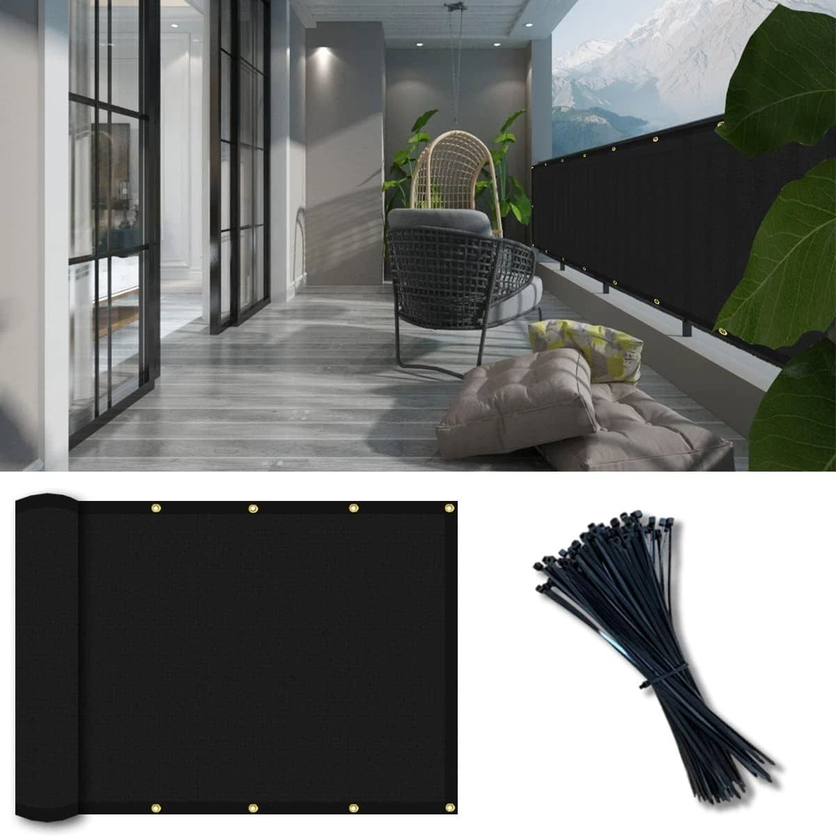 Balcony Privacy Screen Fence Cover 3'x10', Shade Mesh Fabric with Cable Ties, 90% Visibility Block, UV & Wind Protection for Patio, Deck, Porch, Pool, Backyard, Apartments Railing - Image 1