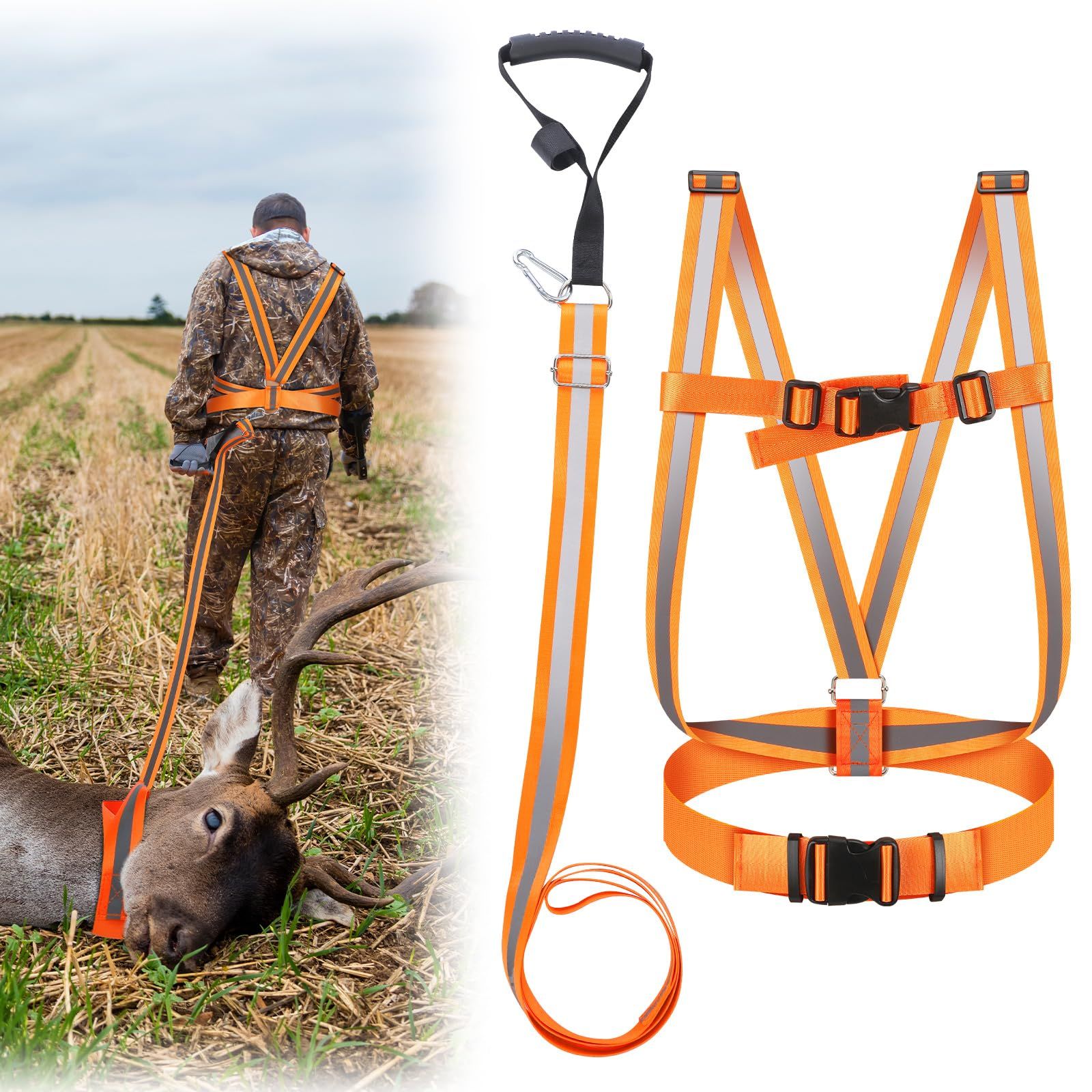 Deer Drag Strap and Dual Harness with Reflective Strips Heavy Duty Deer Dragging Rope Hunting for Hunters - Image 1
