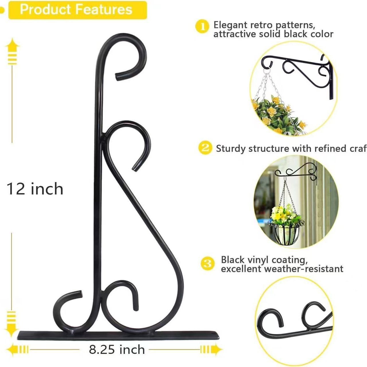 2 Pack 12 Inch Plant Hangers Outdoor Bracket, Indoor Wall Mount Metal Heavy Duty Rust-Resistant Bird Feeder Plant Hooks for Hanging Planters, Flower Baskets, Black - Image 3