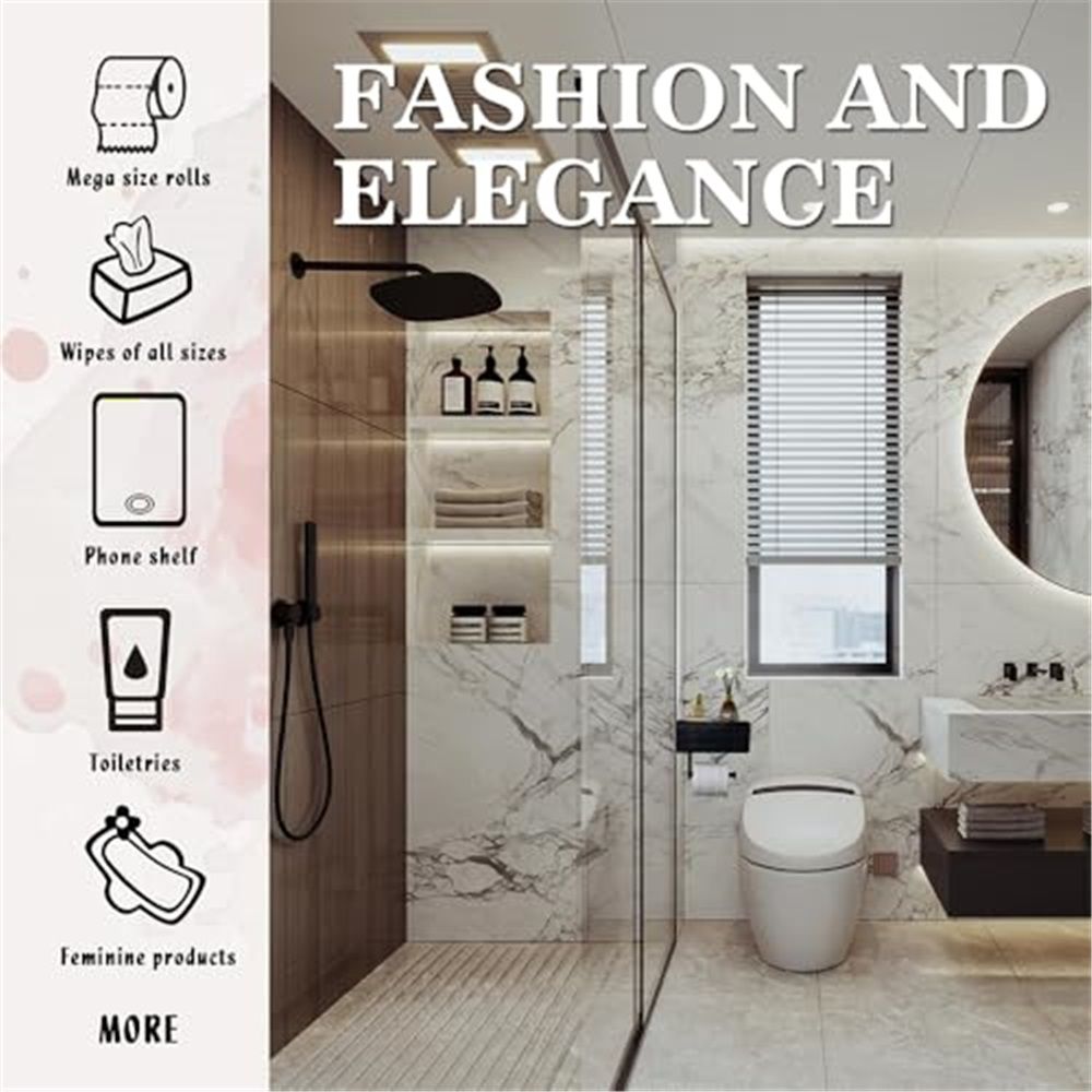 Toilet Paper Holder with Built-in Storage Drawer | Glossy Plastic Bathroom Organizer | Dual-Mount Rust-Resistant, Adjustable Shelf & Left/Right Wall Mount (Black ,oniy box) - Image 4