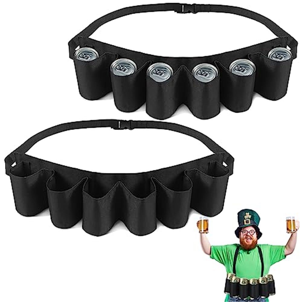 2 Pcs Beer Belt Holder for Men 6 Cans Beer Can Holder for Drinking Adjustable Black Drinking Accessories for Halloween Christmas Men Women Outdoor Camping Hiking Picnic Party - Image 1