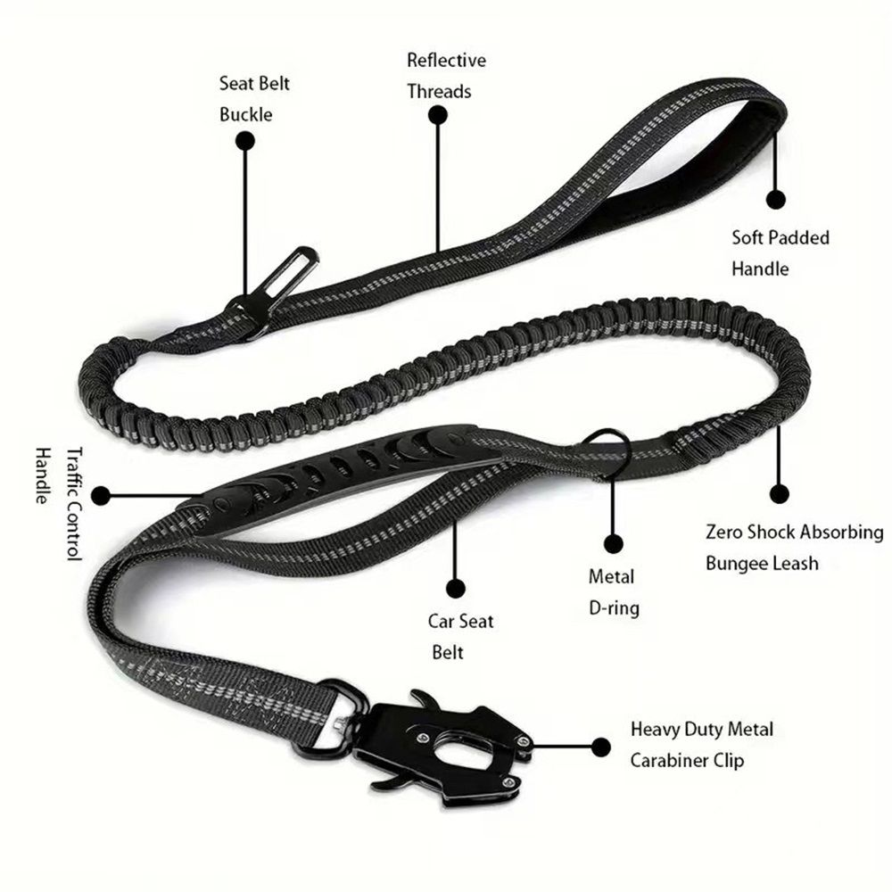 Dog Leash Heavy Duty, Shock Absorbing Bungee Lead with 2 Padded Handle, Metal Carabiner Clip, Car Seatbelt, Strong No Pull Leash for Medium Large Dogs, Black - Image 2