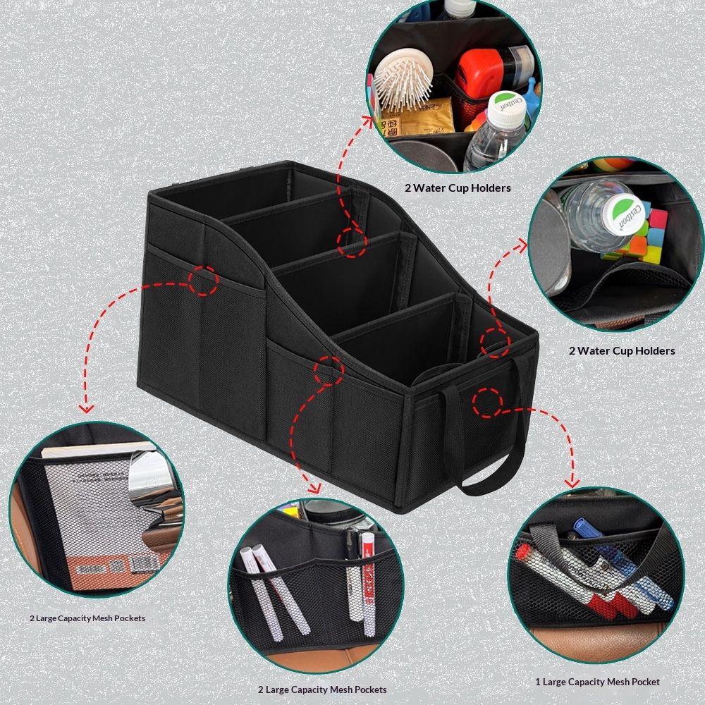 Car Seat Organizer Backseat Car Organizer with 4 Compartments, 4 Cup Holders and 7 Mesh Pockets for Front and Rear Seat, Black - Image 2