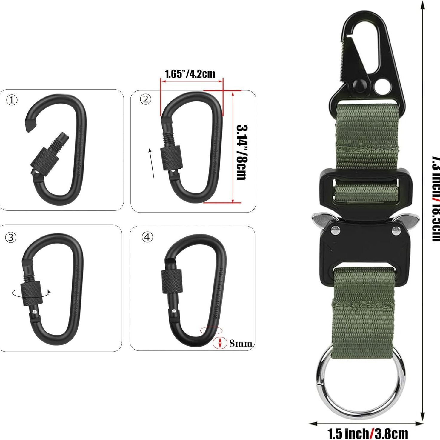 2 pack Keychain for Men with Quick Release Buckle Gear Clips with Clip and Stainless Steel Ring（green） - Image 3