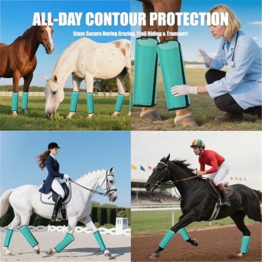 Horse Fly Boots Set of 4 - Non-Slip Leg Guards Extra Tough Mesh Ventilated, Adjustable Horse Fly Leggings Reduce Stomping & Hoof Stress & Leg Fatigue green - Image 4