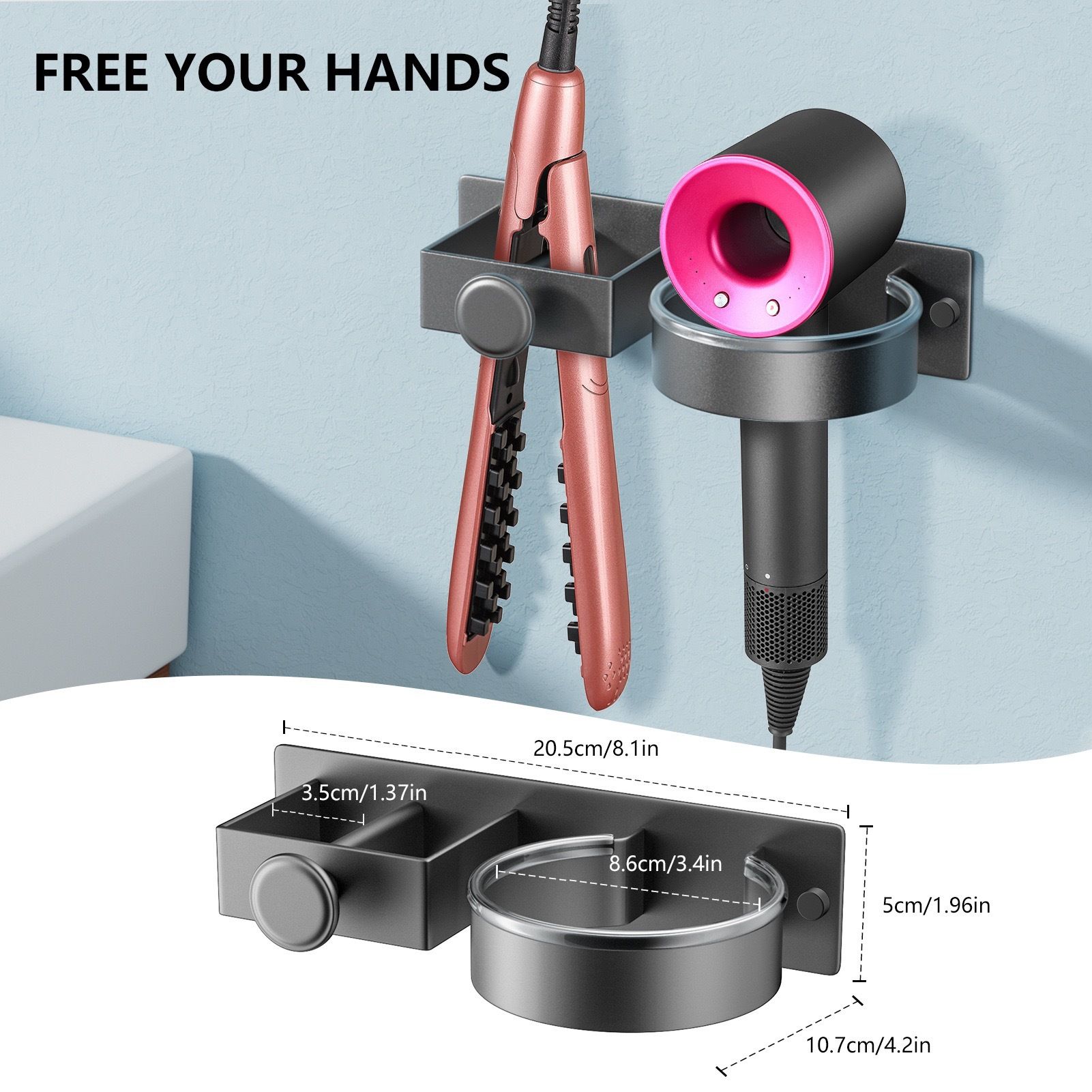 Hairdryer Holder Wall Mounted Hair Straightener Holder, Blow Dryer Holder, aluminum alloy Hair Tool Organizer for Straighteners, Hair Dryer, Brush, Curling Iron - Image 5
