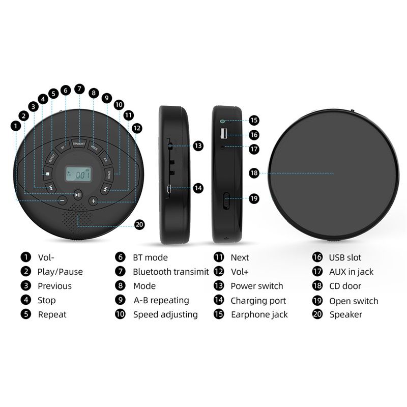 CD Player Portable,discman Rechargeable,Walkman CD Player with Speaker, Headphones,CD-R,MP3 USB playable,Anti Skip CD Playing for car,Suitable for Personal or Multi-Users,Black - Image 5