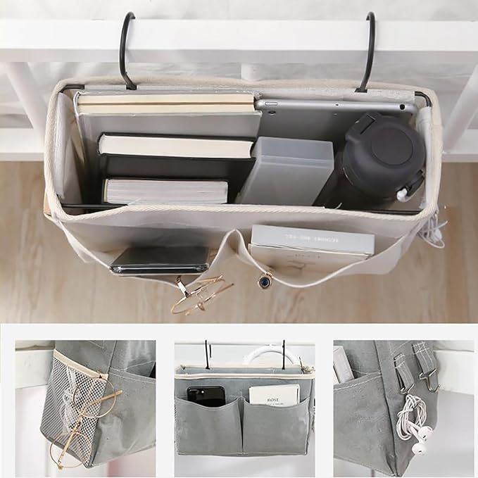 2-Pack Bedside Caddy, Bedside Hanging Storage Organizer for College Dorm Beds, Bunk Beds and Hospital Beds Rails, The Hanging Basket Can be Placed Magazine, Books, Phones,kettle, Glasses (Grey) - Image 4