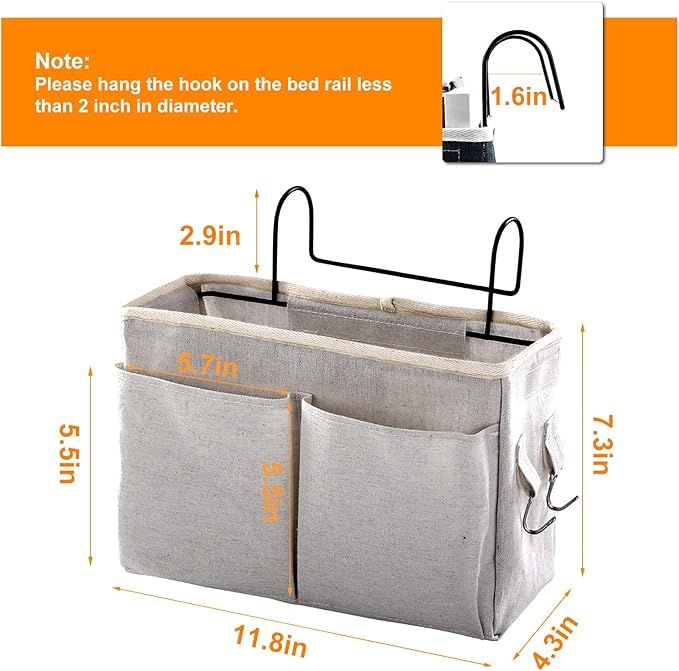 2-Pack Bedside Caddy, Bedside Hanging Storage Organizer for College Dorm Beds, Bunk Beds and Hospital Beds Rails, The Hanging Basket Can be Placed Magazine, Books, Phones,kettle, Glasses (Grey) - Image 5