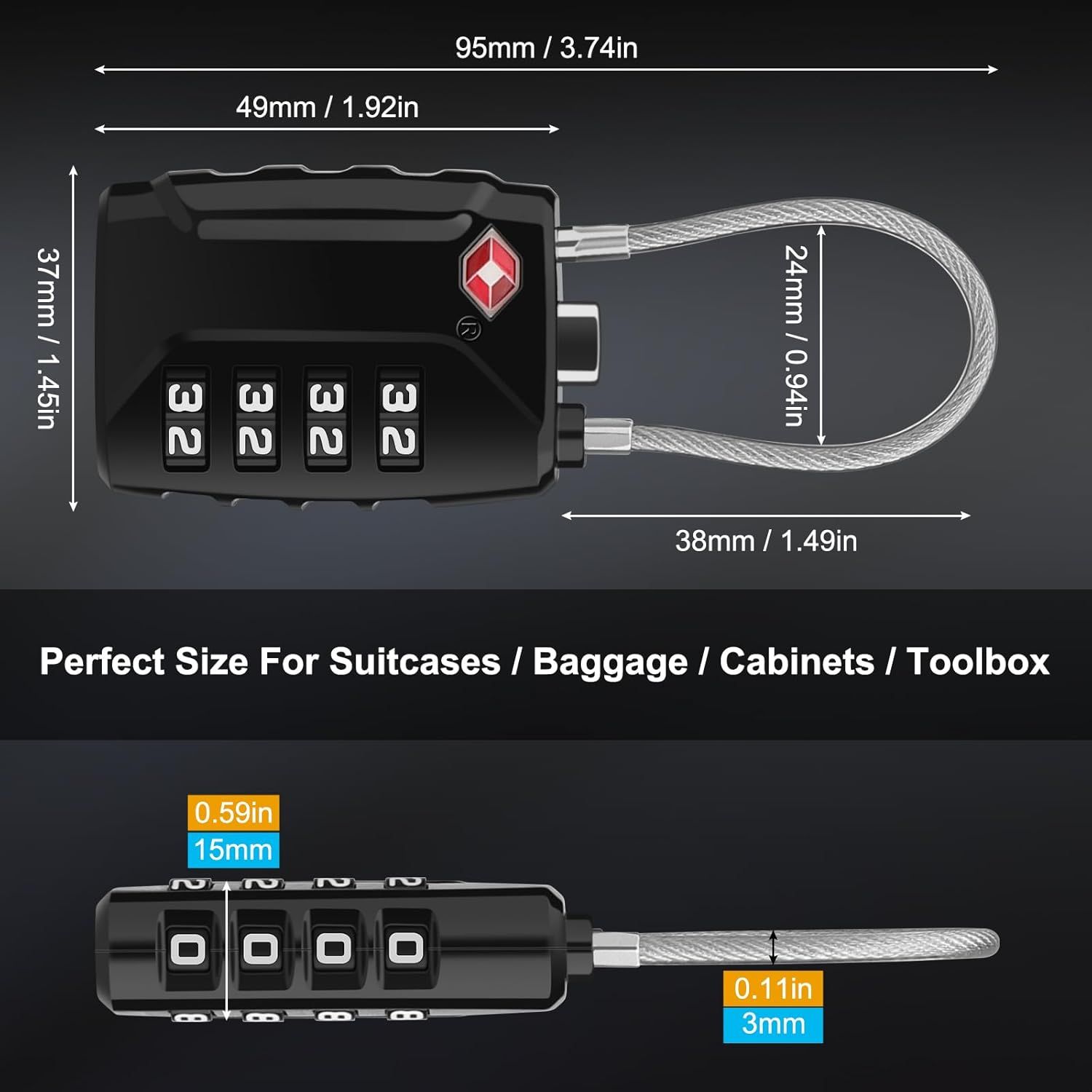 Luggage Locks, [Upgrade Version][4 Pack] TSA Approved Suitcase Lock 4-Digit Re-settable Combination Lock, Cable Backpack Locks, Code Lock for Travel Suitcase Luggage Bag Lockers (Black) - Image 3