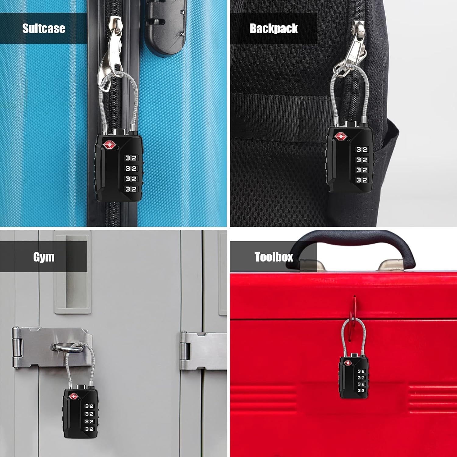 Luggage Locks, [Upgrade Version][4 Pack] TSA Approved Suitcase Lock 4-Digit Re-settable Combination Lock, Cable Backpack Locks, Code Lock for Travel Suitcase Luggage Bag Lockers (Black) - Image 4