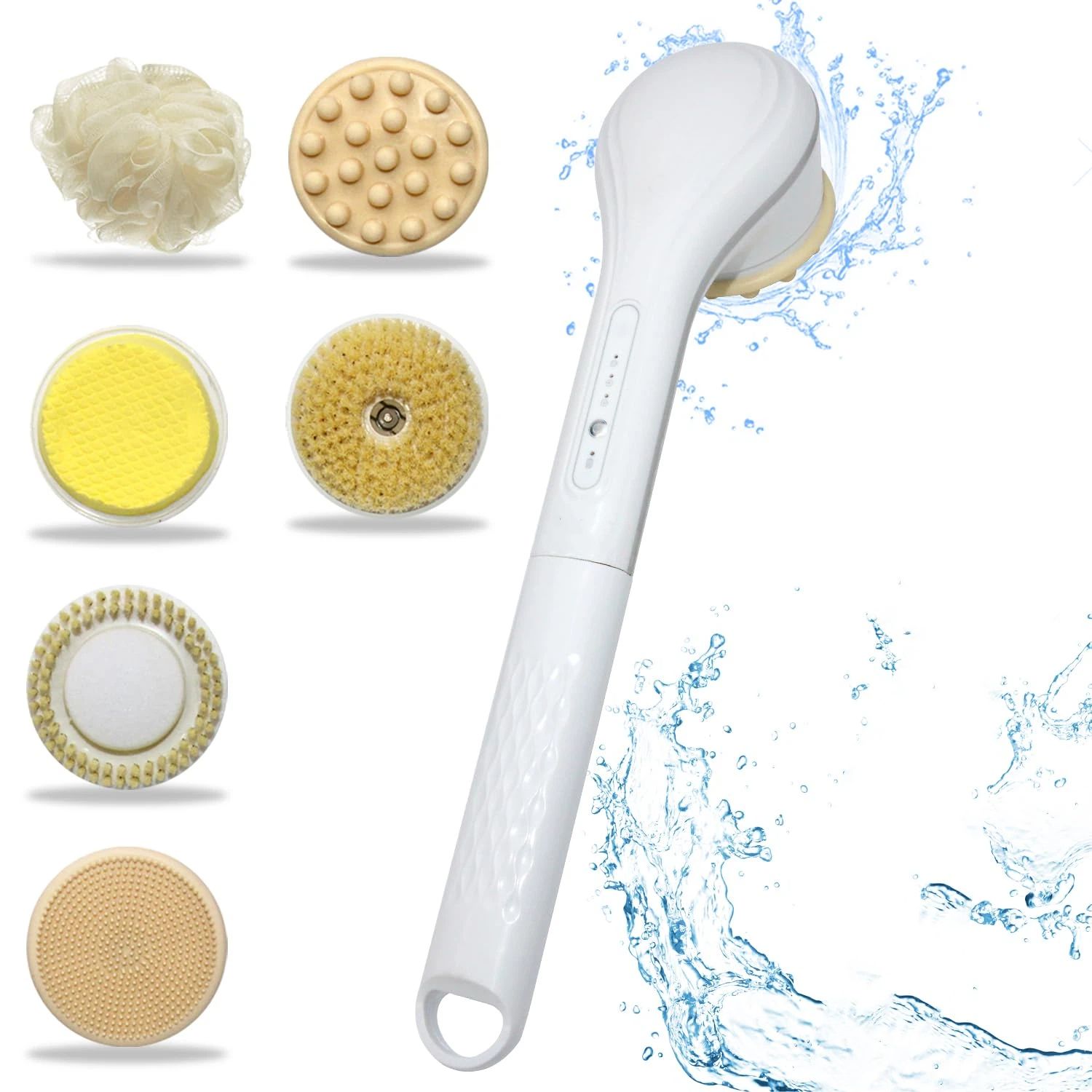 Generic Electric Body Brush Set for Showering,Exfoliating Bath Brush Long Handle for Shower Lotion Applicator for Back Silicone Body Scrubber with 6 Shower Brush Heads for Women Men Gifts (White) - Image 1