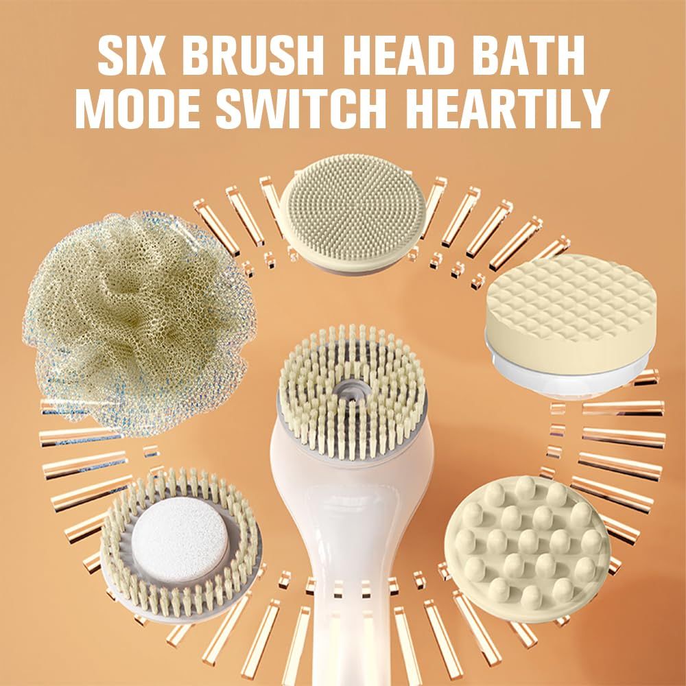 Generic Electric Body Brush Set for Showering,Exfoliating Bath Brush Long Handle for Shower Lotion Applicator for Back Silicone Body Scrubber with 6 Shower Brush Heads for Women Men Gifts (White) - Image 4