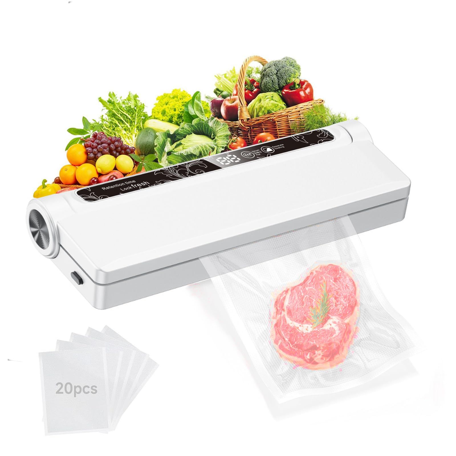 Food Vacuum Sealer Machine, 60KPA Strong Suction, Dry/Wet Modes, 20 Vacuum Seal Bags for Food, Digital Countdown Timer, Compact Lightweight, Ideal for Home Kitchen Use（white8.5*9.5*4cm） - Image 1