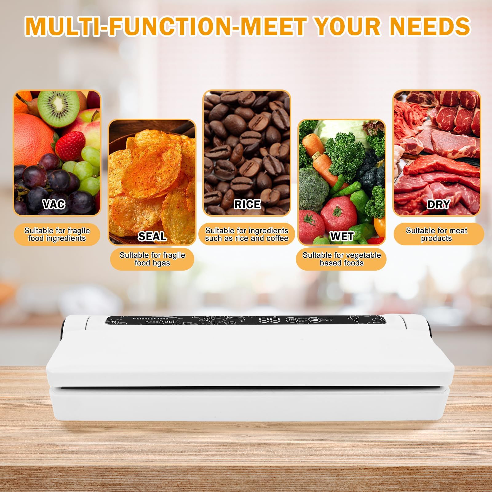 Food Vacuum Sealer Machine, 60KPA Strong Suction, Dry/Wet Modes, 20 Vacuum Seal Bags for Food, Digital Countdown Timer, Compact Lightweight, Ideal for Home Kitchen Use（white8.5*9.5*4cm） - Image 2