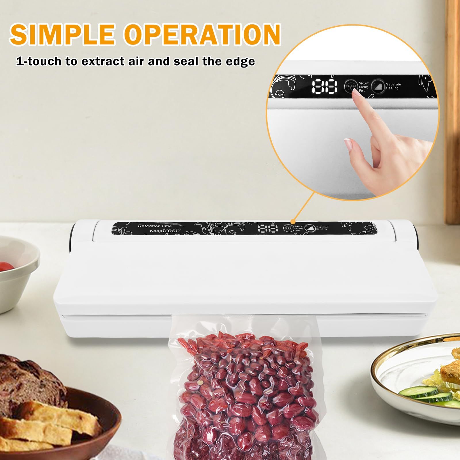 Food Vacuum Sealer Machine, 60KPA Strong Suction, Dry/Wet Modes, 20 Vacuum Seal Bags for Food, Digital Countdown Timer, Compact Lightweight, Ideal for Home Kitchen Use（white8.5*9.5*4cm） - Image 3