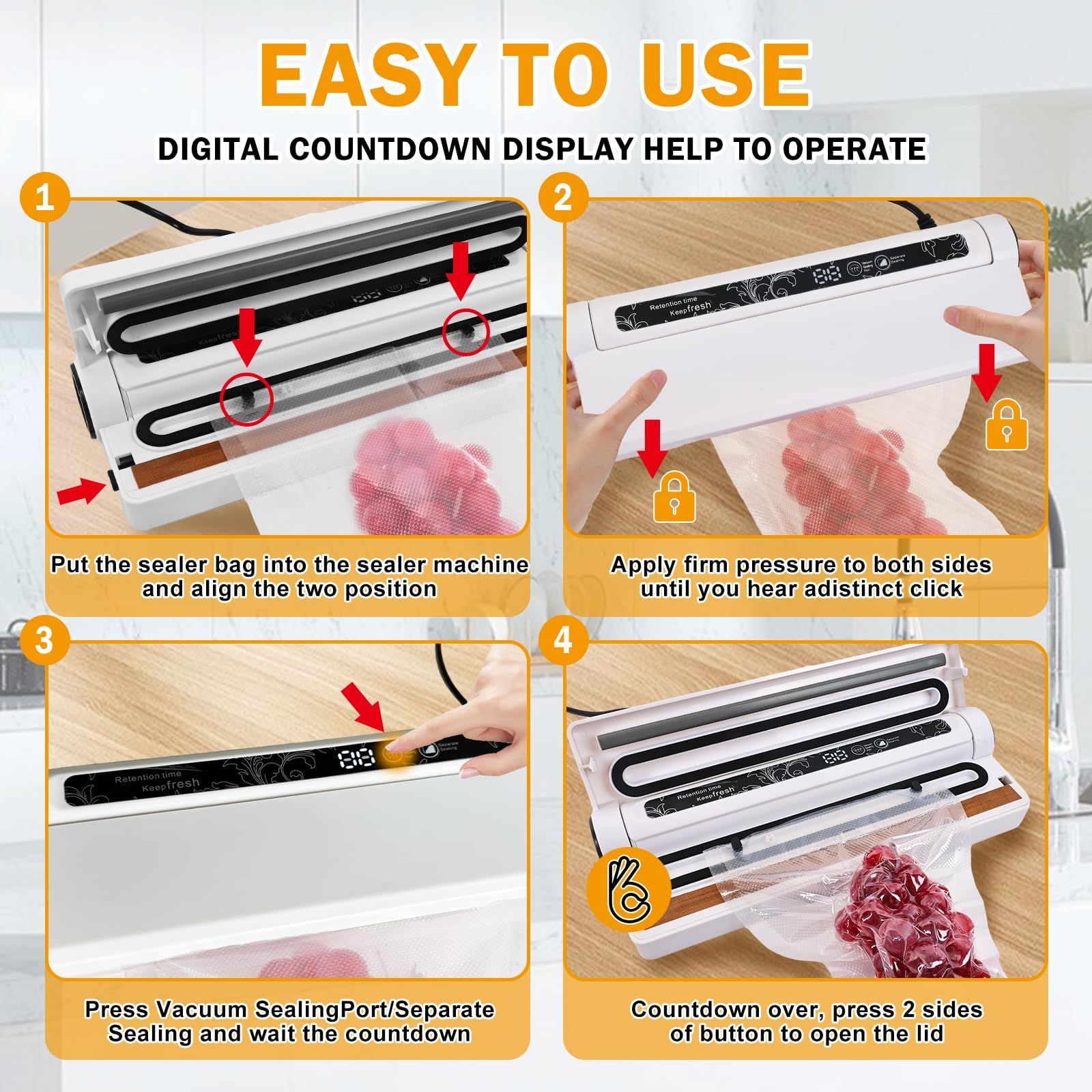 Food Vacuum Sealer Machine, 60KPA Strong Suction, Dry/Wet Modes, 20 Vacuum Seal Bags for Food, Digital Countdown Timer, Compact Lightweight, Ideal for Home Kitchen Use（white8.5*9.5*4cm） - Image 4
