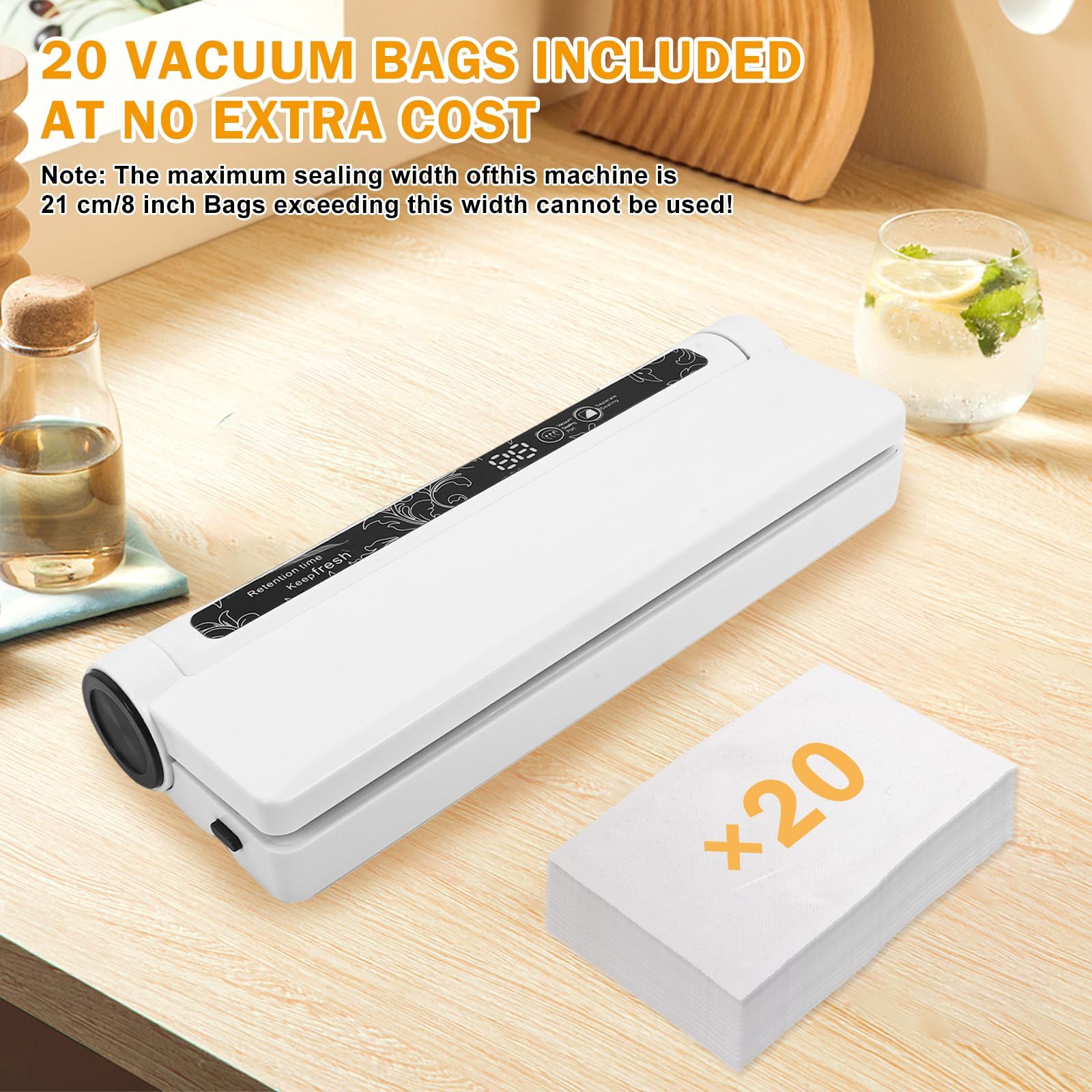 Food Vacuum Sealer Machine, 60KPA Strong Suction, Dry/Wet Modes, 20 Vacuum Seal Bags for Food, Digital Countdown Timer, Compact Lightweight, Ideal for Home Kitchen Use（white8.5*9.5*4cm） - Image 5