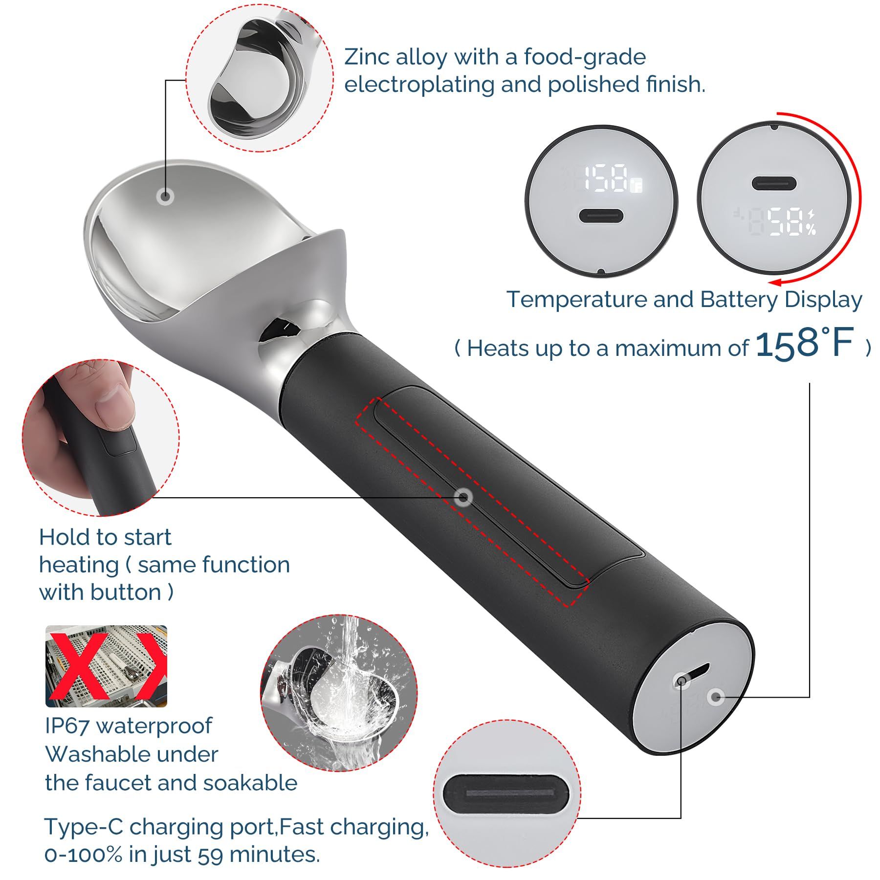 Heated Ice Cream Scoop Rechargeable, Electric Warming Ice Cream Scooper with LED Display Three speed temperature control, Heats to 160°F for Hard Ice Cream, Easy for Seniors & Kids,(Black,) - Image 4