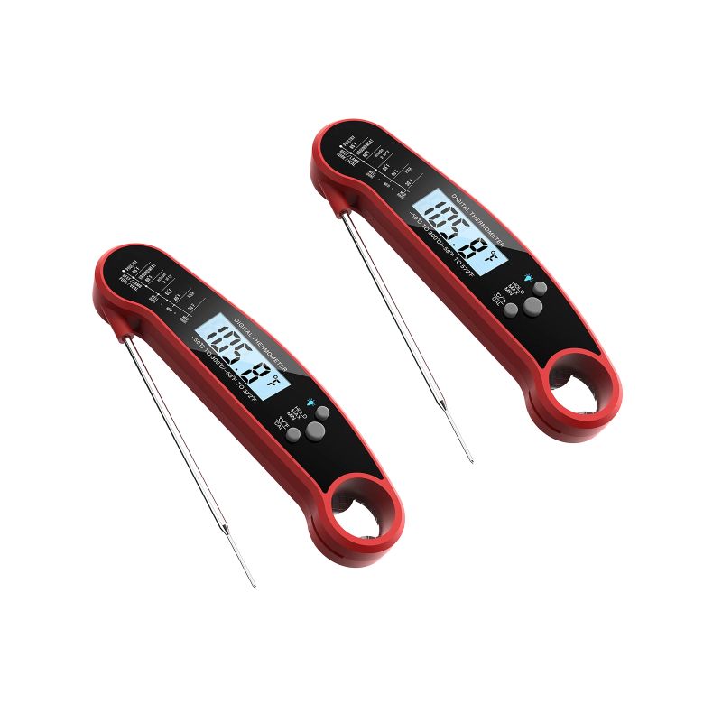 Meat Thermometer Digital for Cooking Food. Waterproof & Instant Read for Kitchen Baking, BBQ. with Foldable Probe, Backlight & Calibration (2 pcs Red) - Image 1