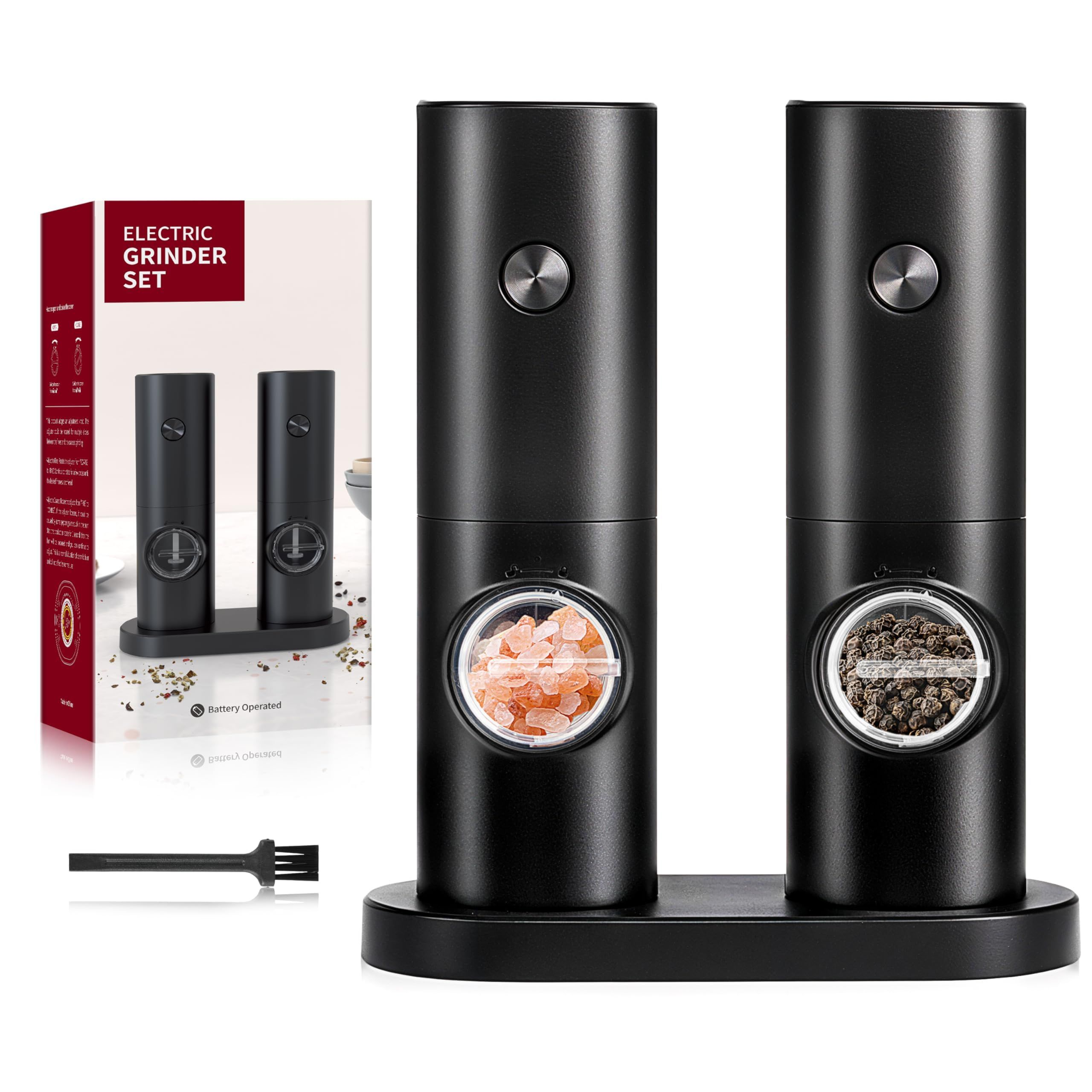 Electric Salt and Pepper Grinder Set (2 Pack), One Hand Adjustable Coarseness, Battery Powered with Stand, Seasoning Tools for Kitchen BBQ - Image 1