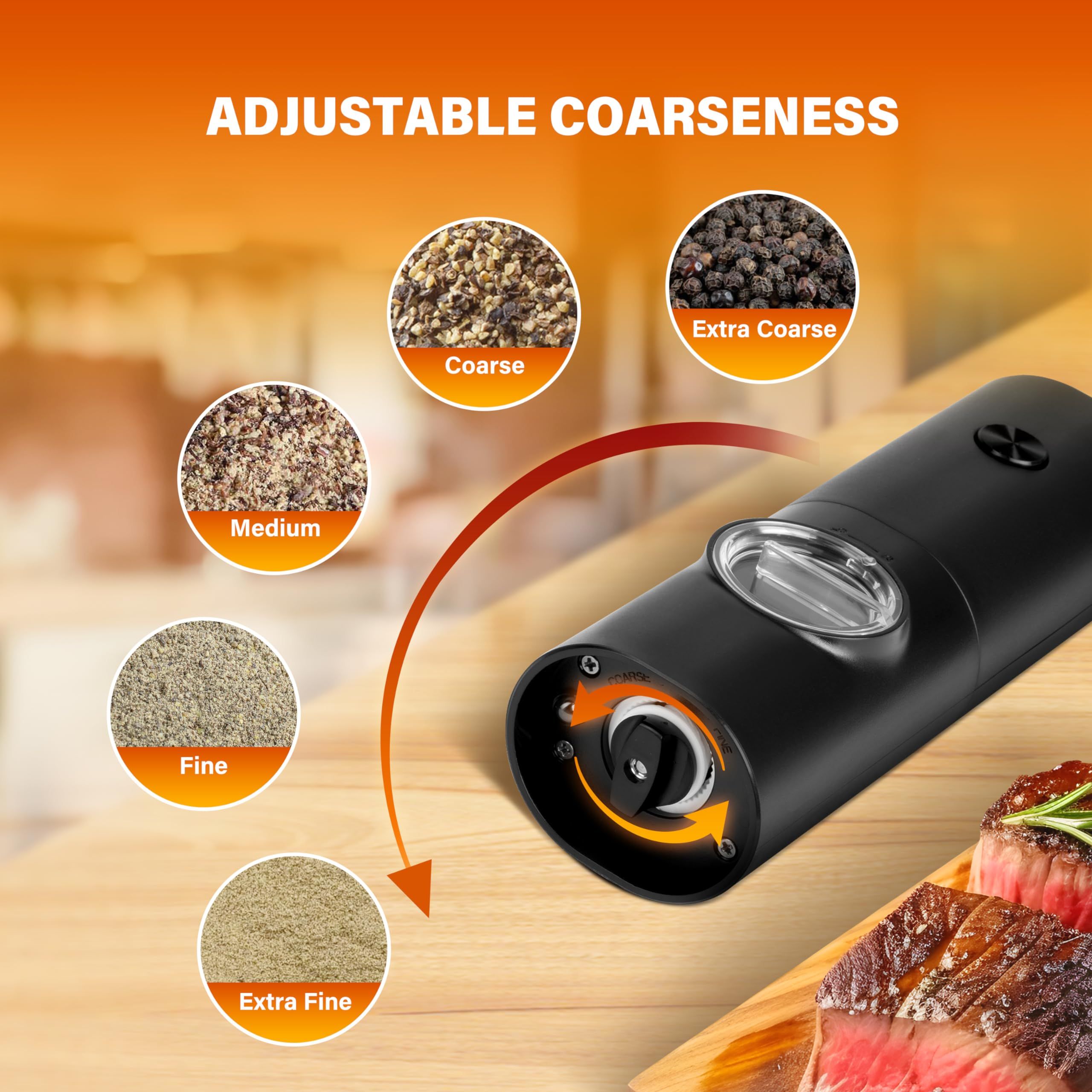 Electric Salt and Pepper Grinder Set (2 Pack), One Hand Adjustable Coarseness, Battery Powered with Stand, Seasoning Tools for Kitchen BBQ - Image 3
