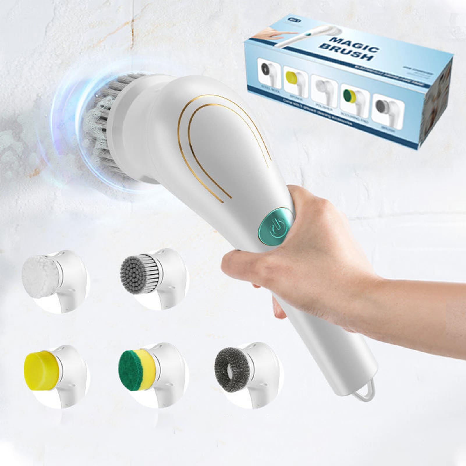 Electric Spin Scrubber, Handheld Cordless Rechargeable Electric Cleaning Brush with 5 Replaceable Heads,Power Cleaning Brush for Kitchen, Dish, Floor, Bathroom, Glass24.5*4.5*8.5cm,white - Image 1