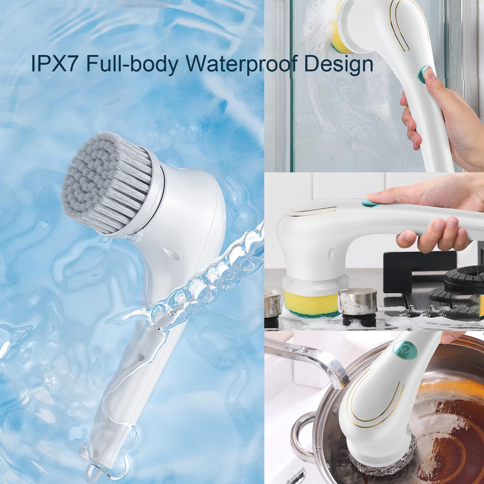 Electric Spin Scrubber, Handheld Cordless Rechargeable Electric Cleaning Brush with 5 Replaceable Heads,Power Cleaning Brush for Kitchen, Dish, Floor, Bathroom, Glass24.5*4.5*8.5cm,white - Image 2