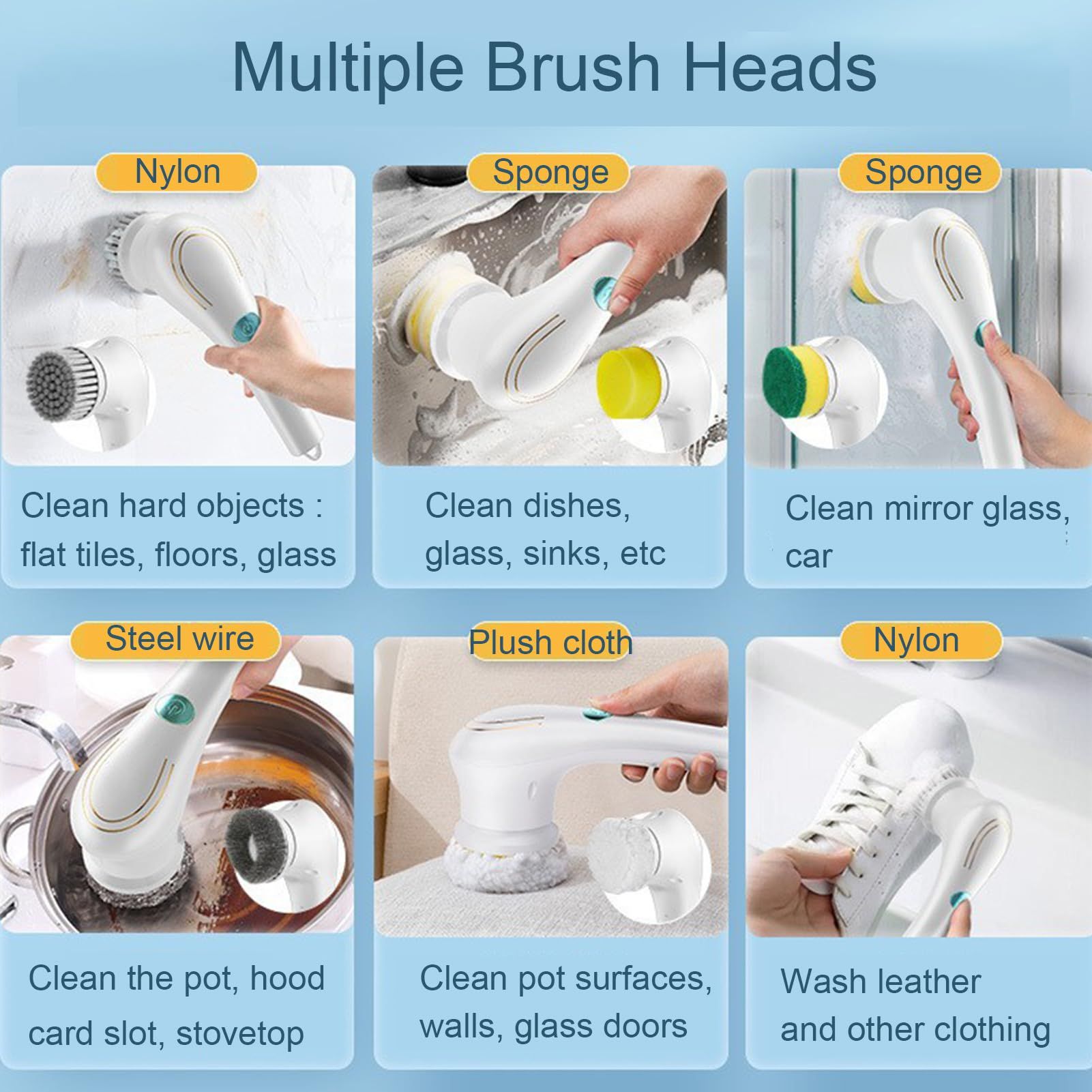Electric Spin Scrubber, Handheld Cordless Rechargeable Electric Cleaning Brush with 5 Replaceable Heads,Power Cleaning Brush for Kitchen, Dish, Floor, Bathroom, Glass24.5*4.5*8.5cm,white - Image 3