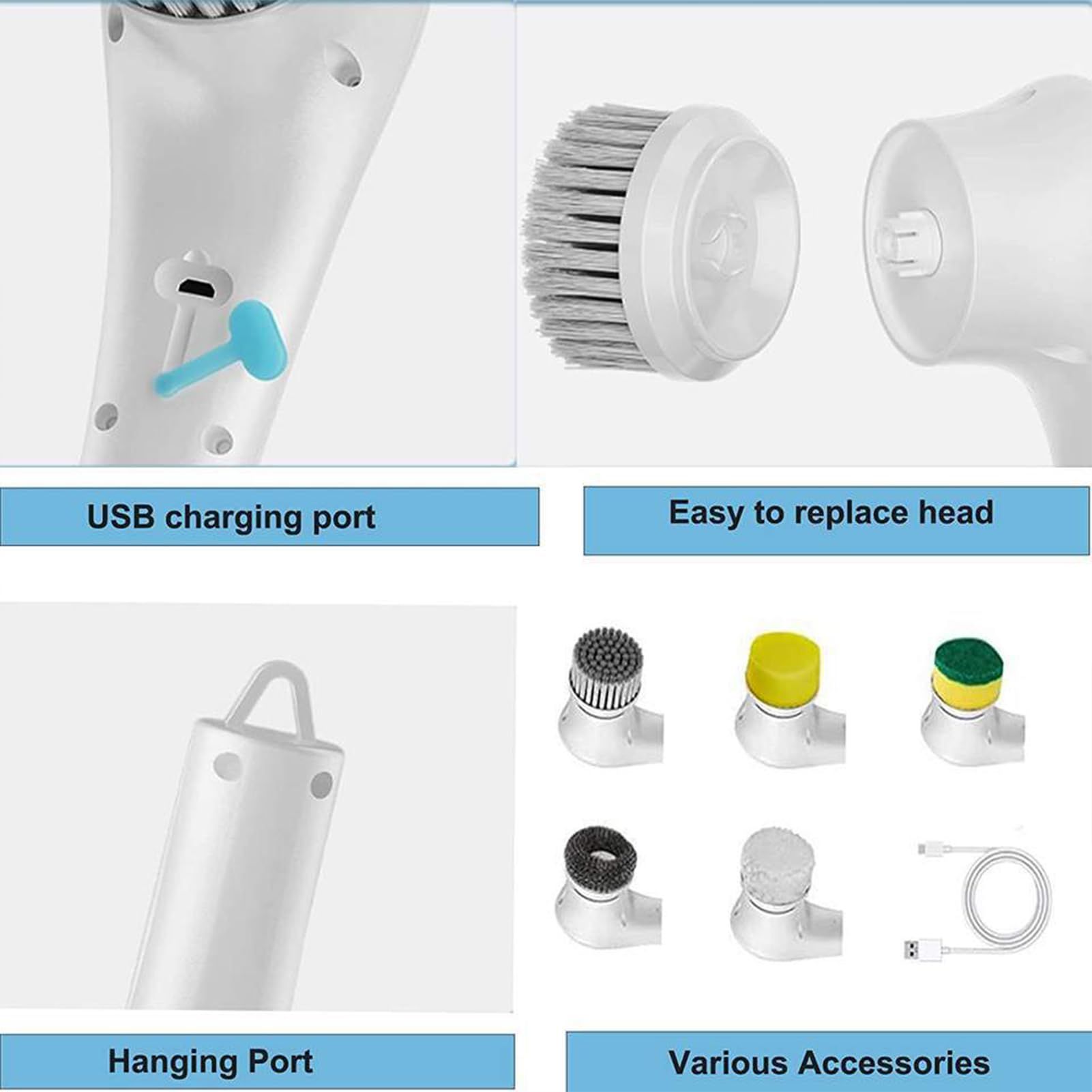 Electric Spin Scrubber, Handheld Cordless Rechargeable Electric Cleaning Brush with 5 Replaceable Heads,Power Cleaning Brush for Kitchen, Dish, Floor, Bathroom, Glass24.5*4.5*8.5cm,white - Image 5