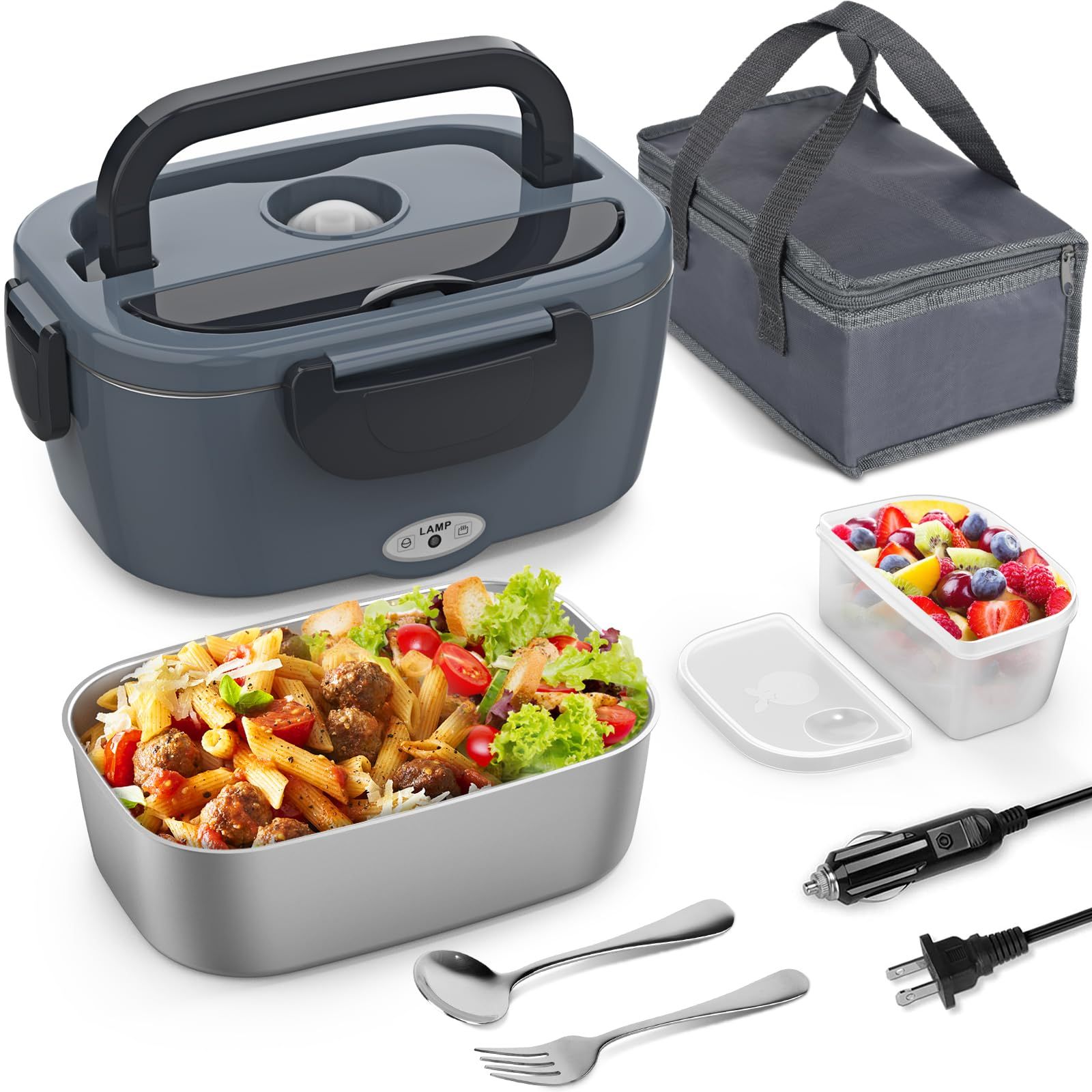 Electric Lunch Box, 2 in 1 Heated Lunch Box for Adults, Portable Heating Lunch Box with 1.5L Removable Stainless Steel Container for Office/Car/Truck, 110V 12V, 80W-60W, Black Grey - Image 1