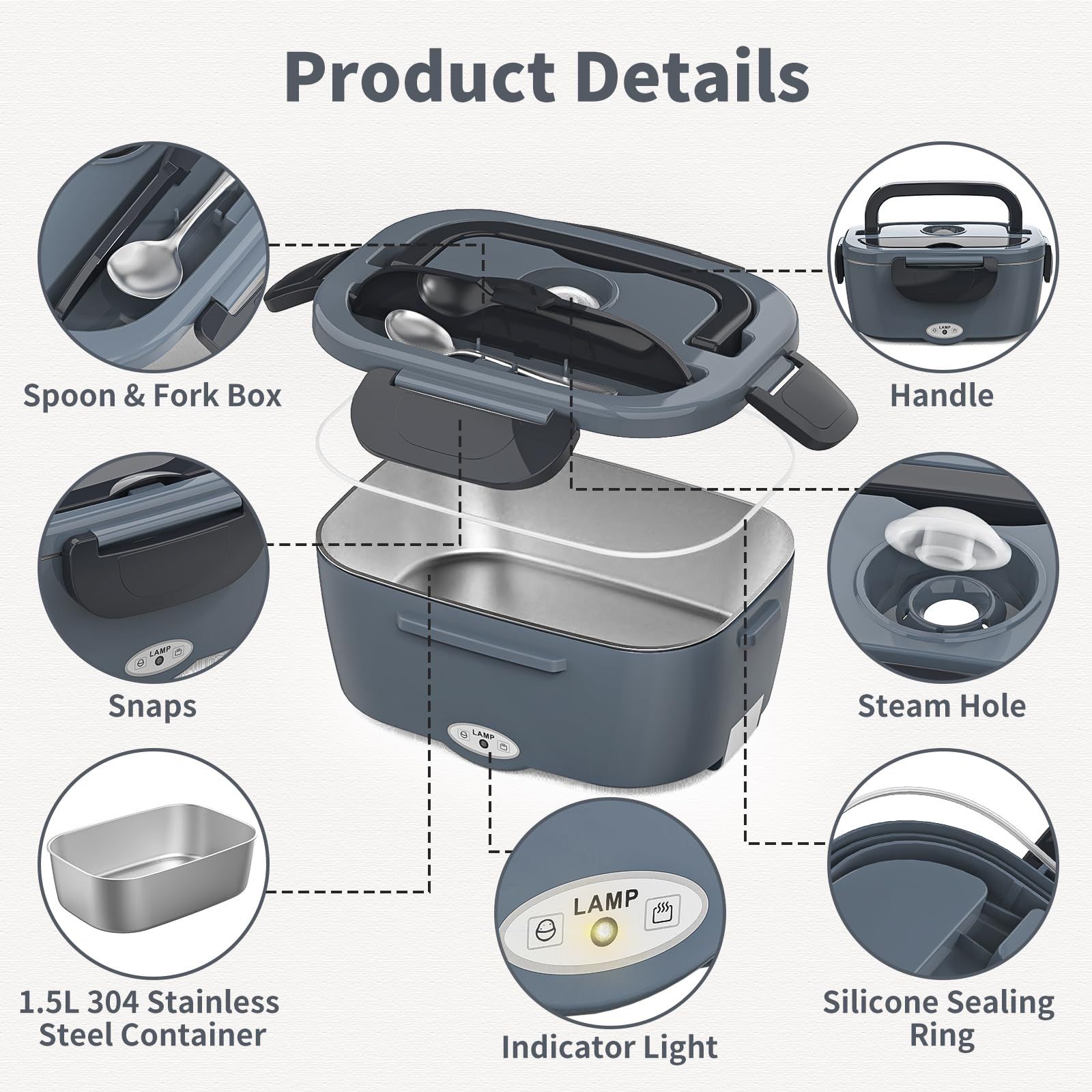 Electric Lunch Box, 2 in 1 Heated Lunch Box for Adults, Portable Heating Lunch Box with 1.5L Removable Stainless Steel Container for Office/Car/Truck, 110V 12V, 80W-60W, Black Grey - Image 5