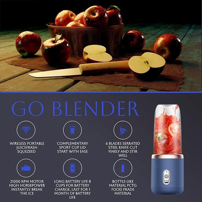 Portable Blender 14oz for Juices & Smoothies with 6 blades Puwerful performances Fusion Blender | USB Rechargeable, Lid, Cup included | Fit for travel and outdoor activities - Image 3