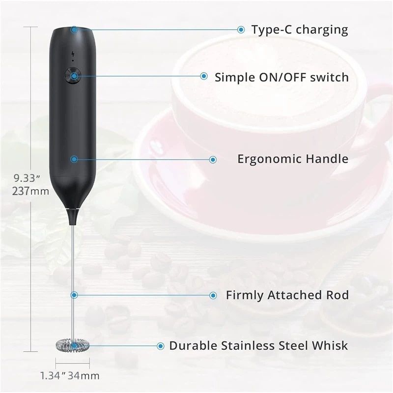 Rechargeable Milk Frother Handheld, Coffee Frother Wand Drink Mixer with Stainless Steel Whisk for Coffee, Cappuccino, Lattes, Frappe, Matcha and Hot Chocolate, Black - Image 5