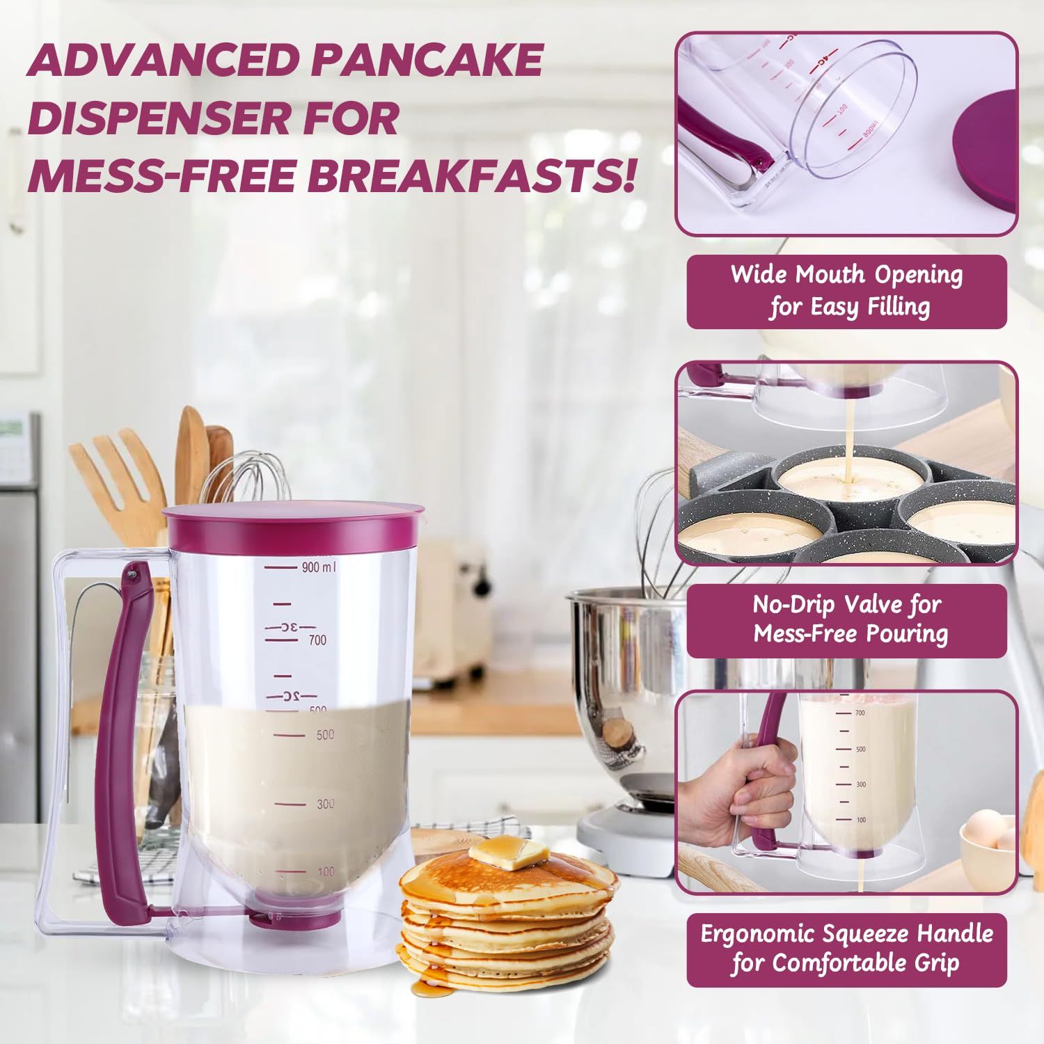 Pancake Cupcake Batter Dispenser for Waffles, Muffin Mix, Crepes, Cake Purple Pancakes, Cupcake,  900ml - Image 2