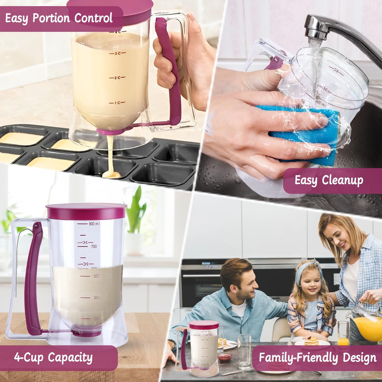 Pancake Cupcake Batter Dispenser for Waffles, Muffin Mix, Crepes, Cake Purple Pancakes, Cupcake,  900ml - Image 3