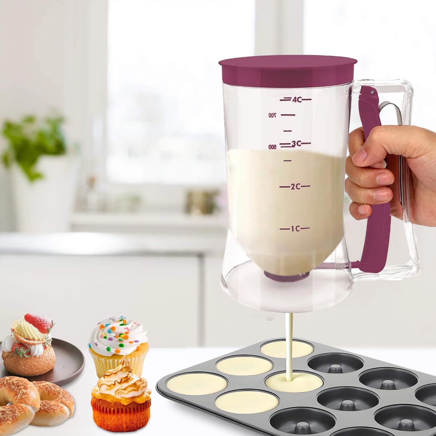Pancake Cupcake Batter Dispenser for Waffles, Muffin Mix, Crepes, Cake Purple Pancakes, Cupcake,  900ml - Image 4