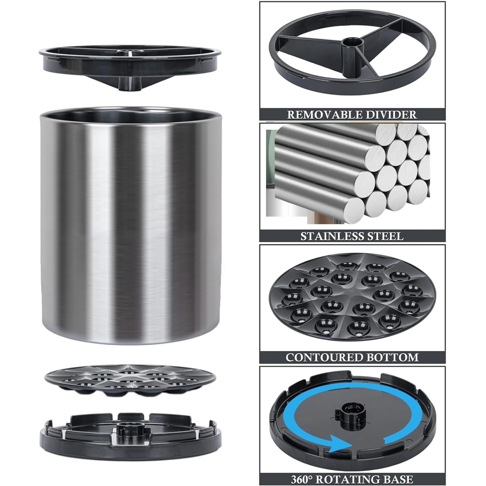 Kitchen Utensil Holder Extra Large 360°Rotating For Counter Organizer Stainless Steel Storage Cooking Silverware Caddy 3 Compartment Flatware Spoon Spatula Tool Cutlery Container（Silvery）18*8.6*13cm - Image 2