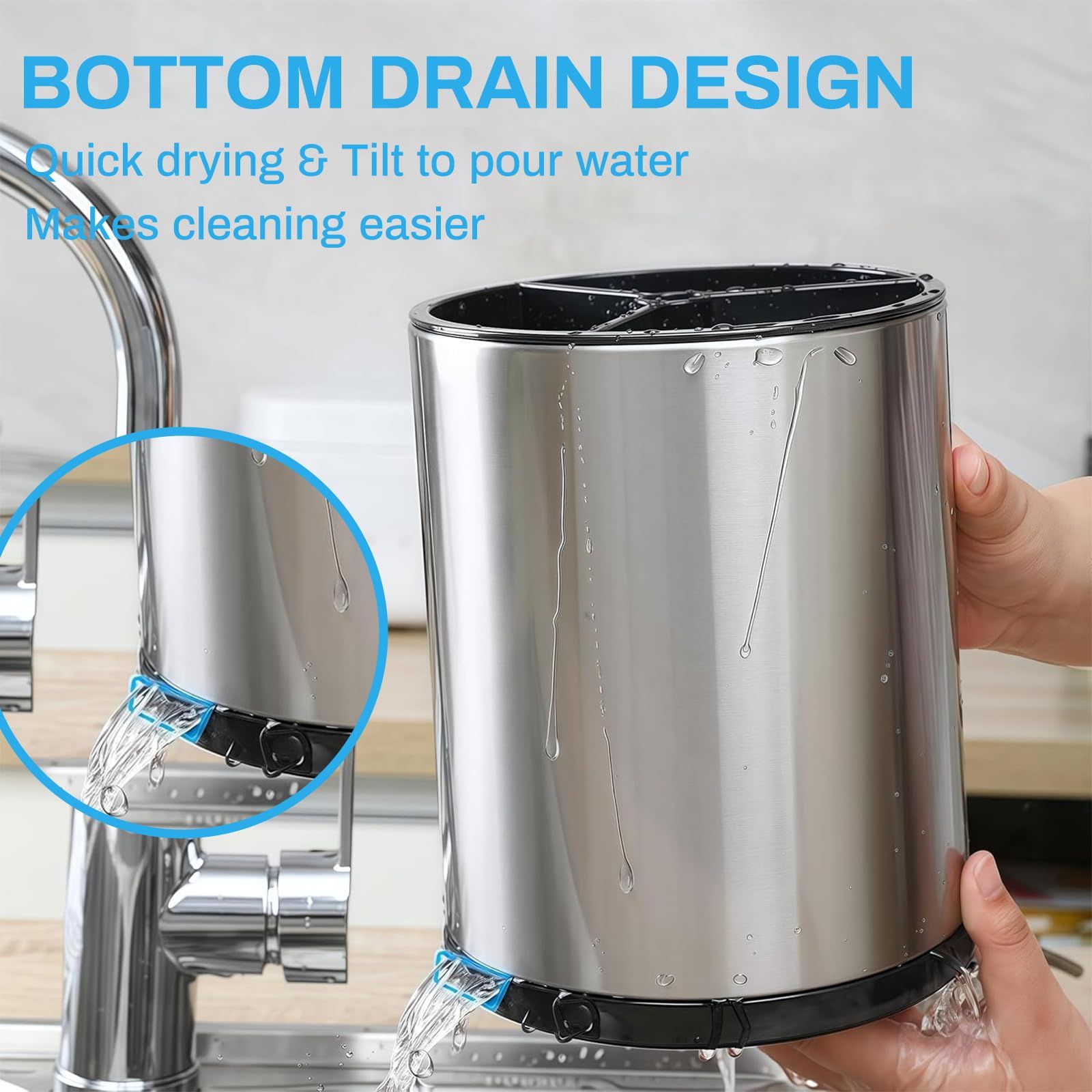 Kitchen Utensil Holder Extra Large 360°Rotating For Counter Organizer Stainless Steel Storage Cooking Silverware Caddy 3 Compartment Flatware Spoon Spatula Tool Cutlery Container（Silvery）18*8.6*13cm - Image 3