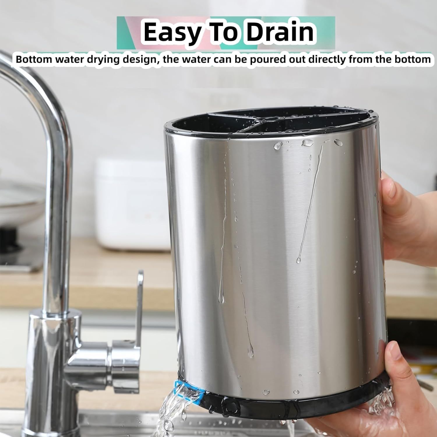 Kitchen Utensil Holder Extra Large 360°Rotating For Counter Organizer Stainless Steel Storage Cooking Silverware Caddy 3 Compartment Flatware Spoon Spatula Tool Cutlery Container（Silvery）18*8.6*13cm - Image 4